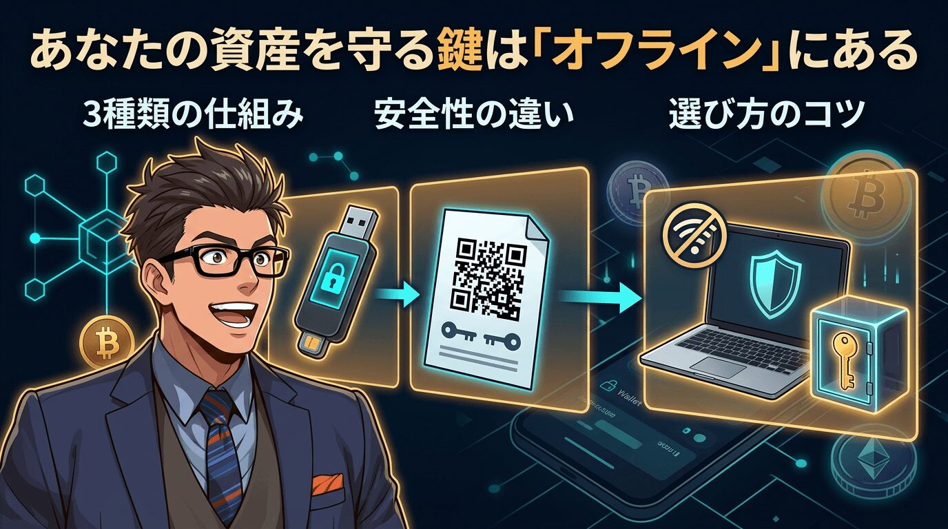 暗号資産のオフライン保管方法を説明する図解で、USBメモリ型端末とQRコード付き紙とパソコンとセキュリティ機能を示すイラスト