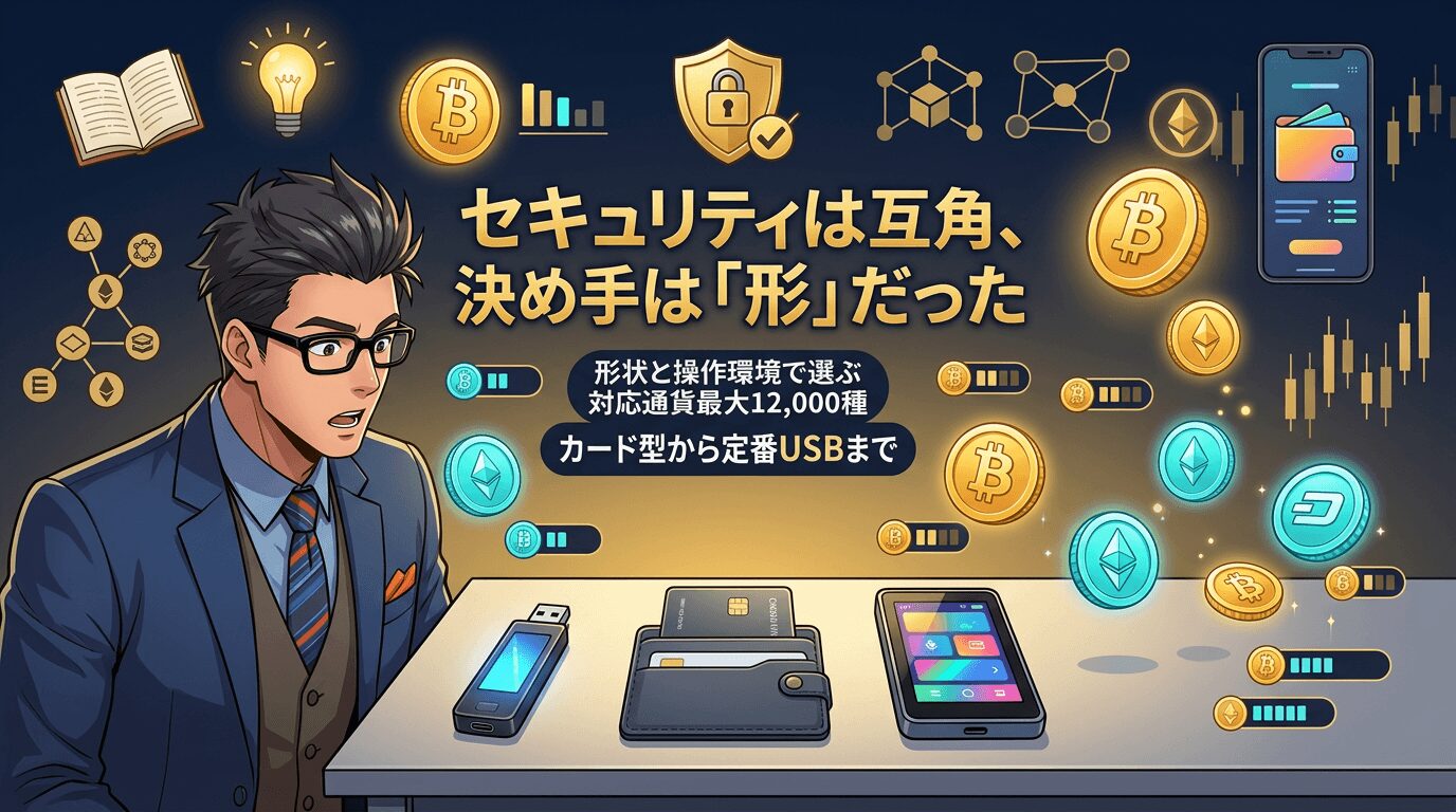 暗号資産財布の種類を比較する図で眼鏡をかけたビジネスマンと複数の仮想通貨硬貨やUSB型財布やカード型財布やスマートフォン型財布が並ぶ様子