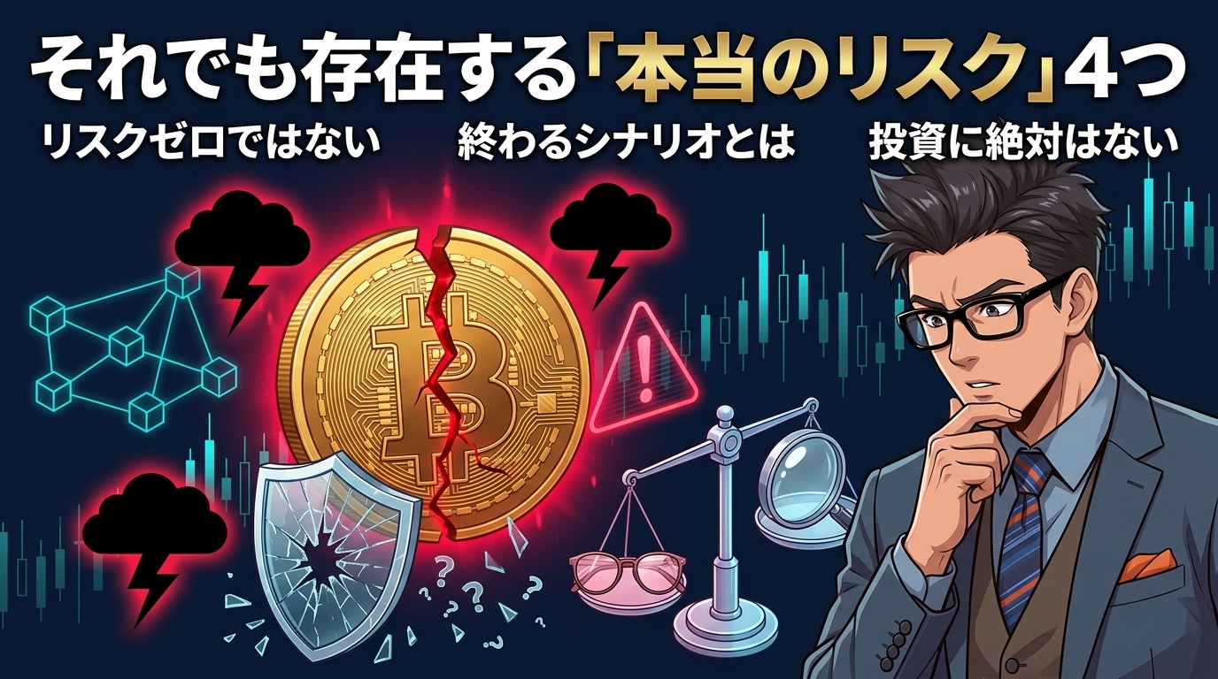 ひび割れたビットコインと危険を示す雲や雷のイラストを見つめる眼鏡をかけたスーツ姿の男性と本当の危険4つのテキスト