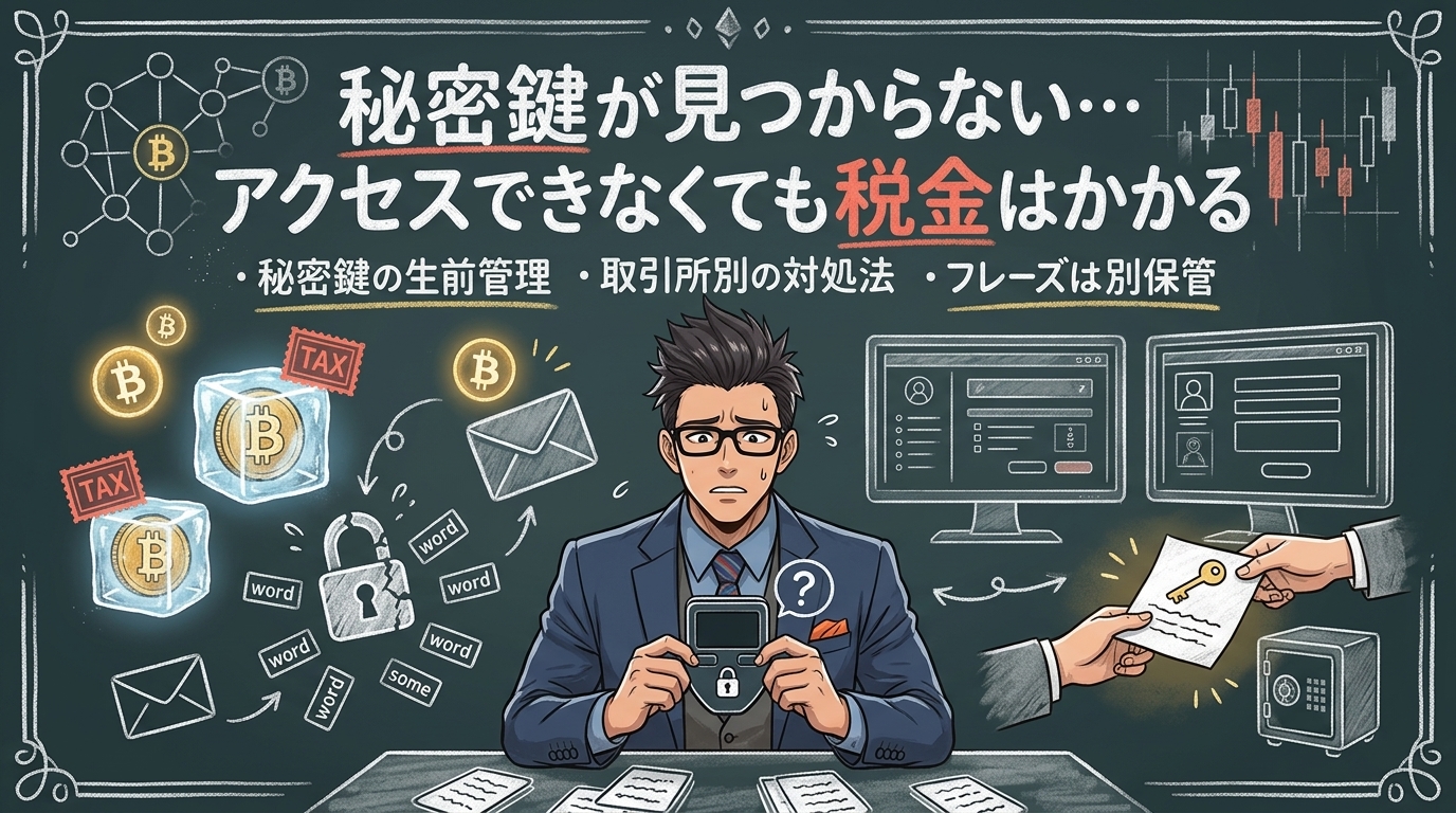 秘密鍵が見つからない…アクセスできなくても税金はかかるを解説するイラスト|ビットコイン 相続税