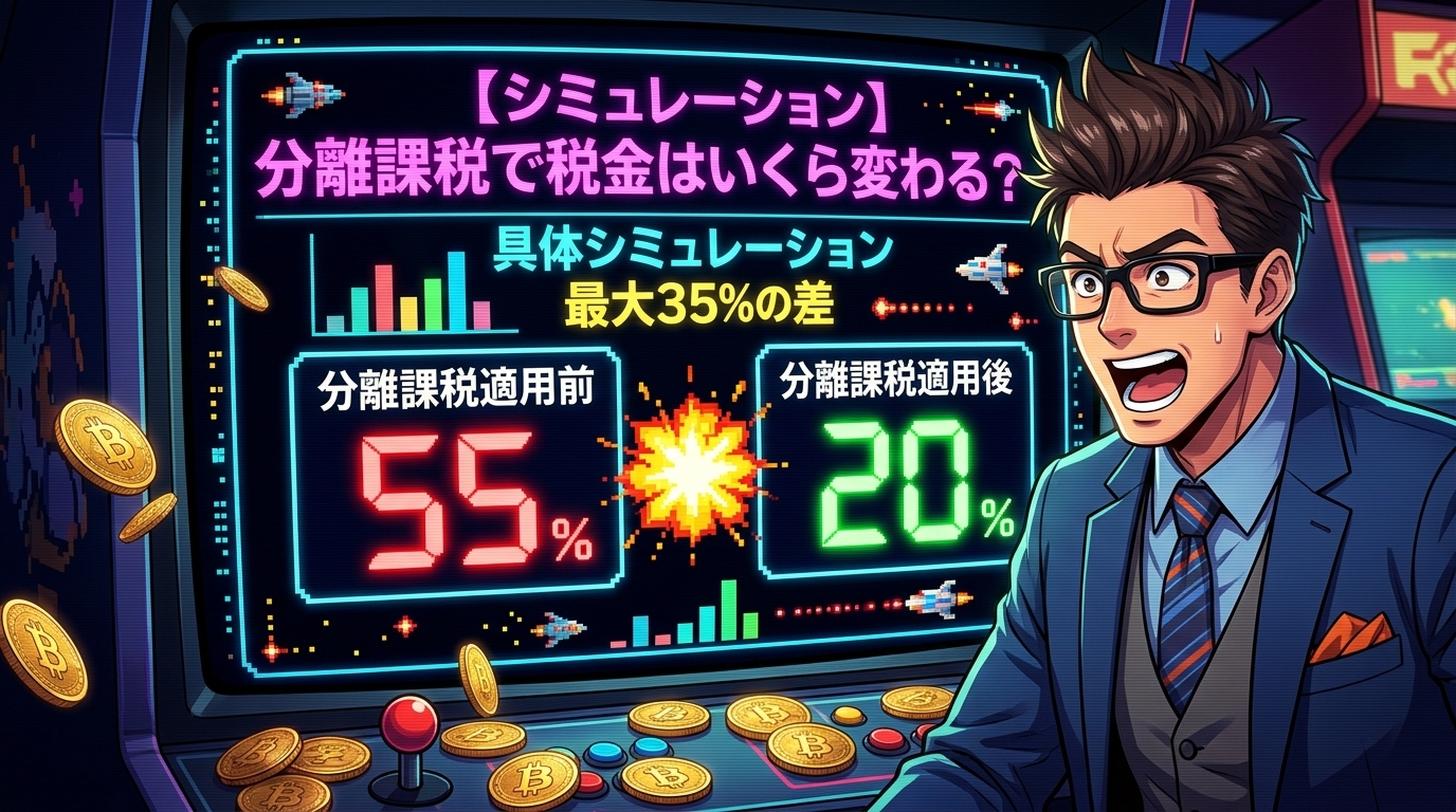 55%が20%に!その差額、衝撃ですについて分離課税で激変や具体シミュレーションや最大35%の差などの要素を描いたイラスト