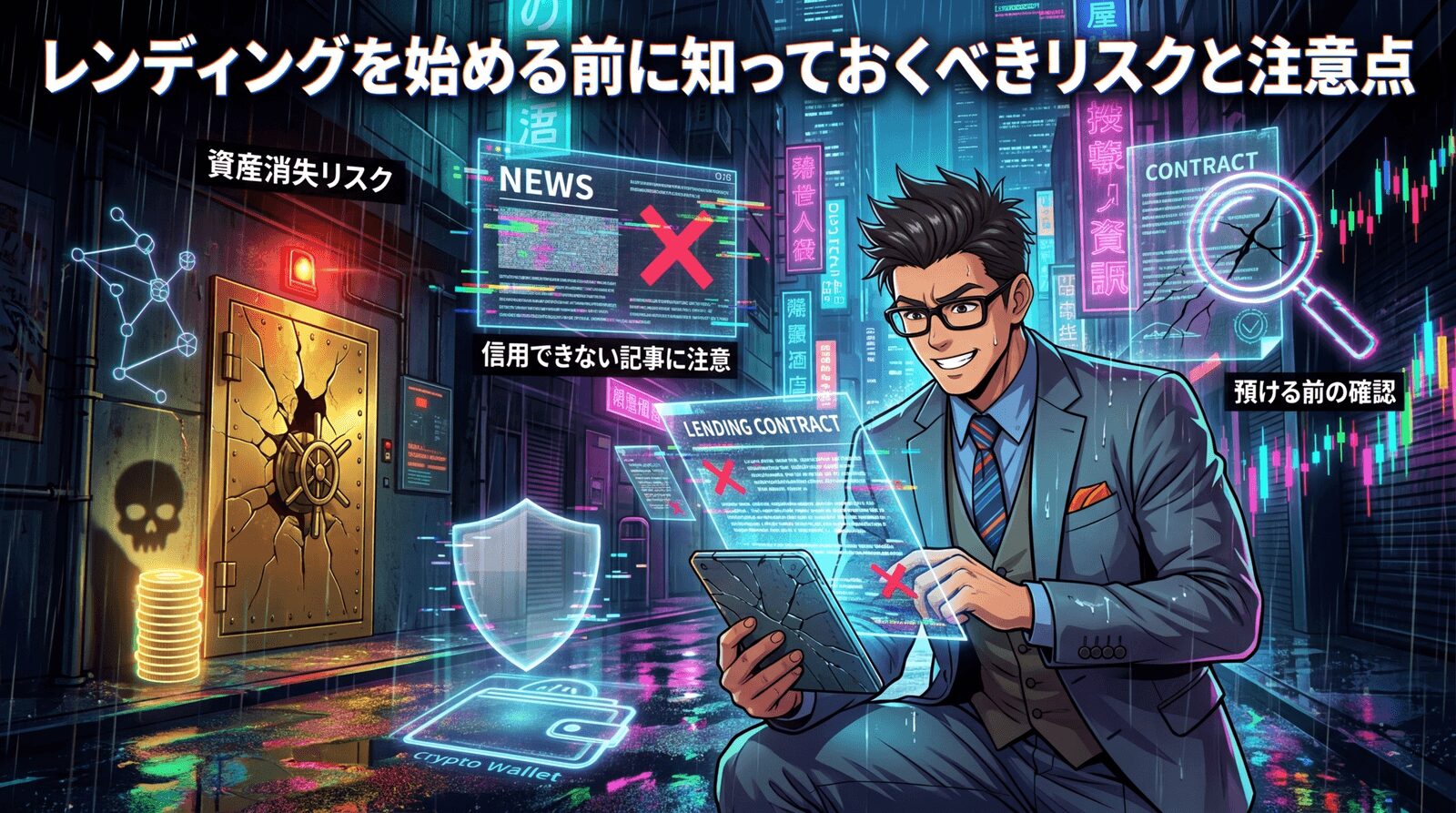 その利率、裏側を知っていますか?について資産消失リスクや信用できない記事に注意や預ける前の確認などの要素を描いたイラスト