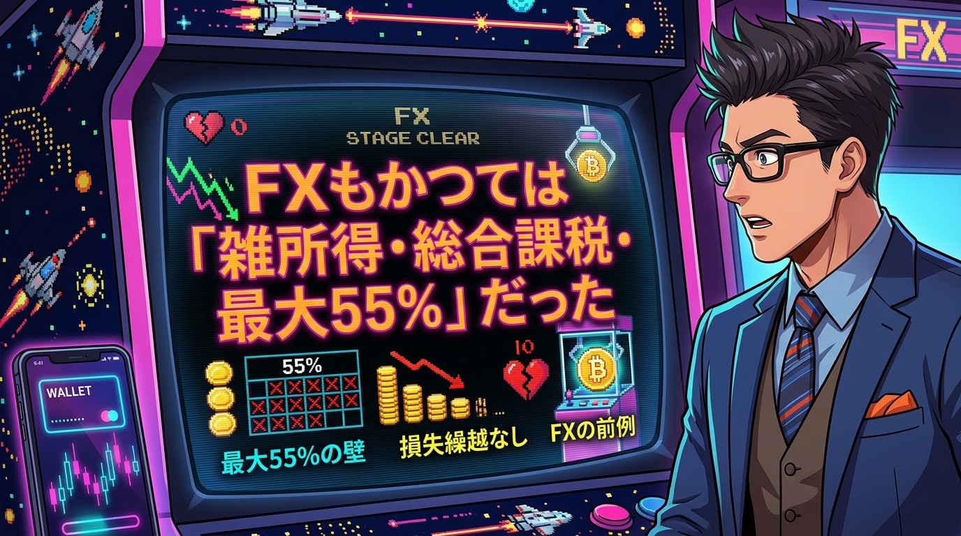 ビットコインの税制、変わる日は来るのかについて最大55%の壁や損失繰越なしやFXの前例などの要素を描いたイラスト
