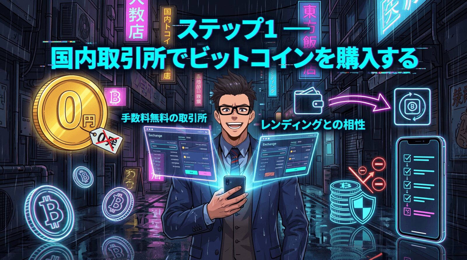送金手数料ゼロが勝ちパターンについて手数料無料の取引所やレンディングとの相性などの要素を描いたイラスト