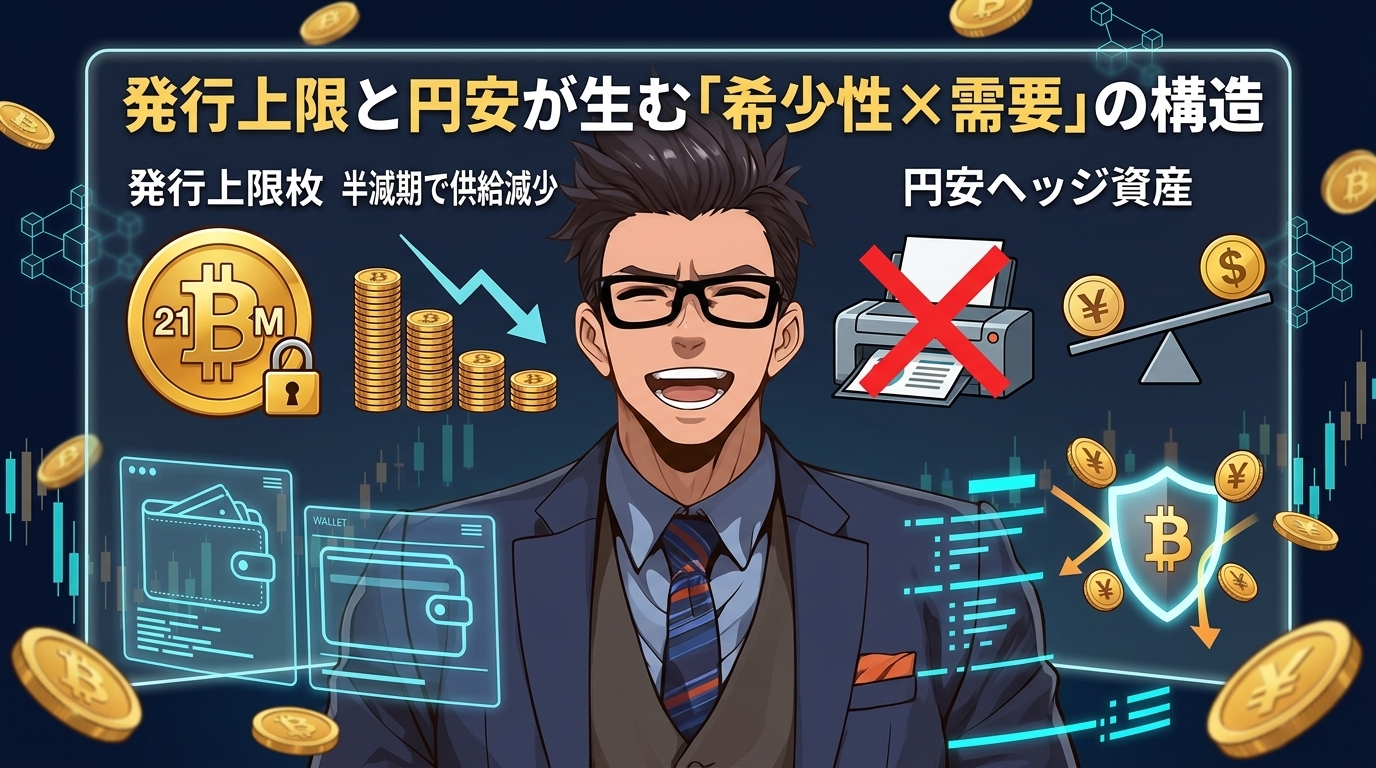 発行上限と円安が生む希少性と需要の構造を解説する眼鏡をかけたスーツ姿の男性とビットコインや円のイラスト