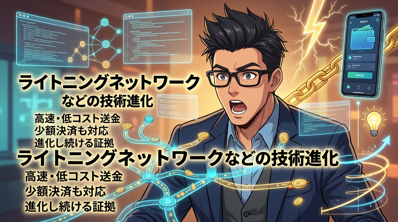 ライトニングネットワークの技術進化を説明する画像で眼鏡をかけたビジネスマンとプログラム画面やスマホの財布アプリと暗号資産のネットワーク図が描かれている