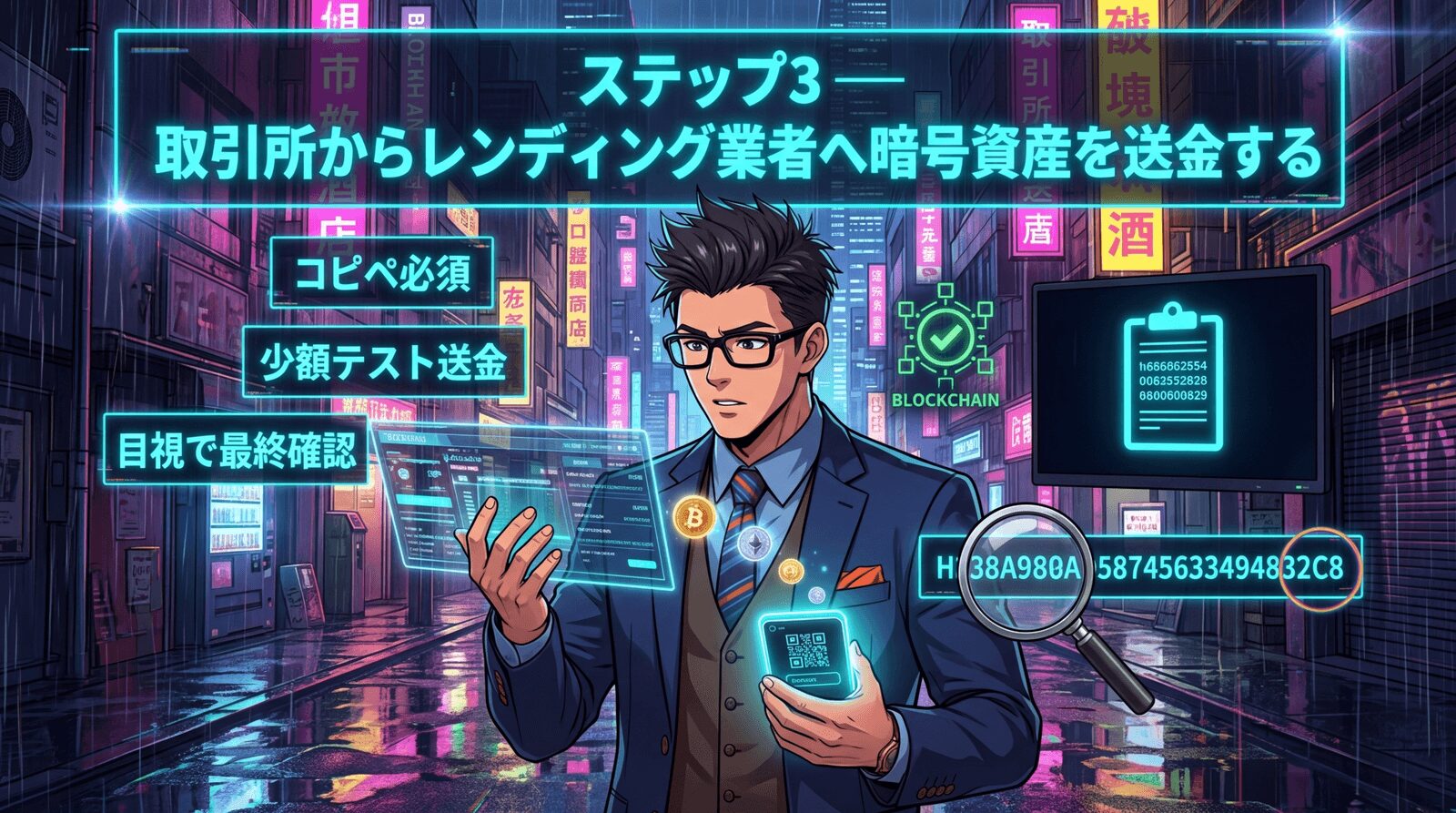 一文字でも間違えたら全額消えるについてコピペ必須や少額テスト送金や目視で最終確認などの要素を描いたイラスト