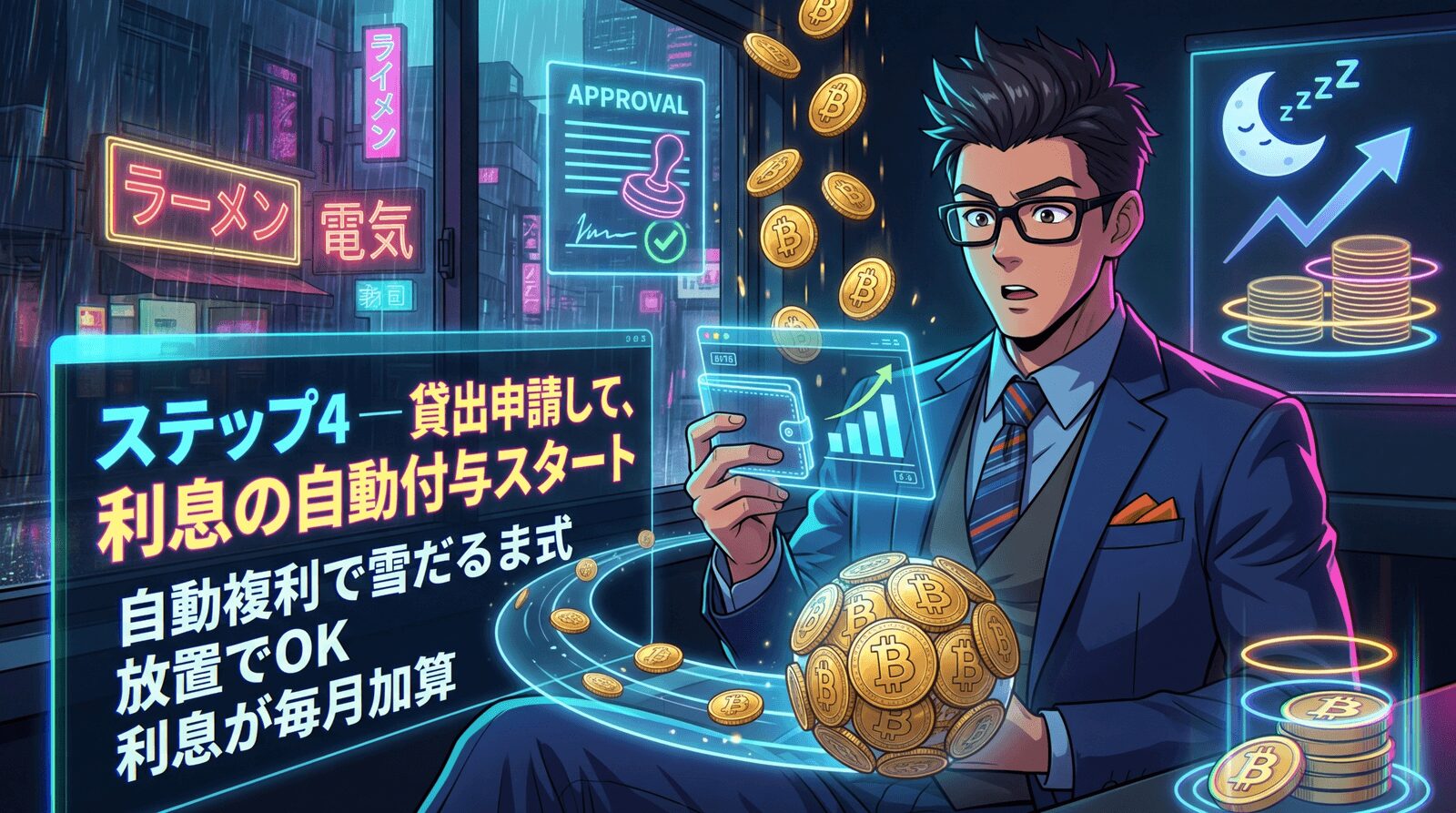 寝てるだけでBTCが増える仕組みについて自動複利で雪だるま式や放置でOKや利息が毎月加算などの要素を描いたイラスト