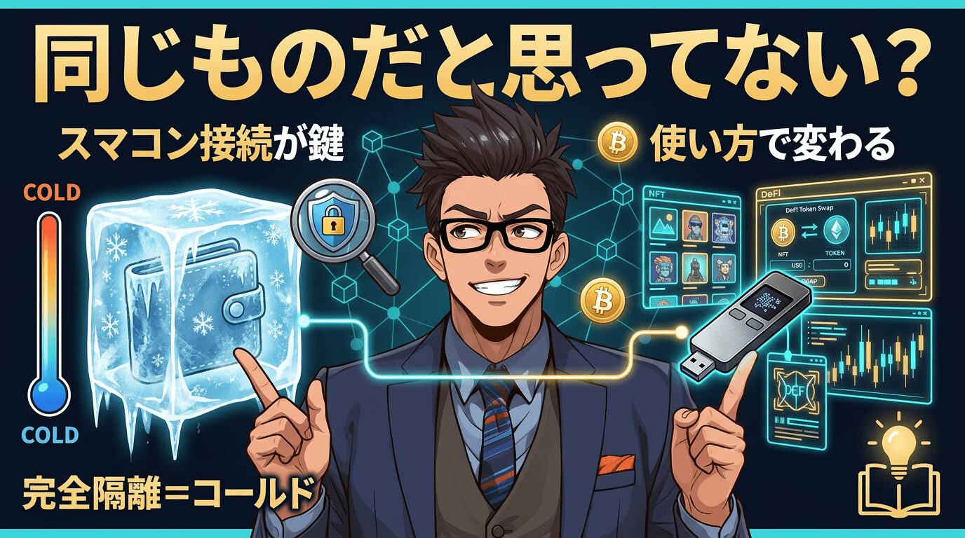 暗号資産の保管方法を説明する眼鏡をかけたビジネスマンと、左側の凍った財布のイラストと右側のデジタル端末や取引画面が表示された図解