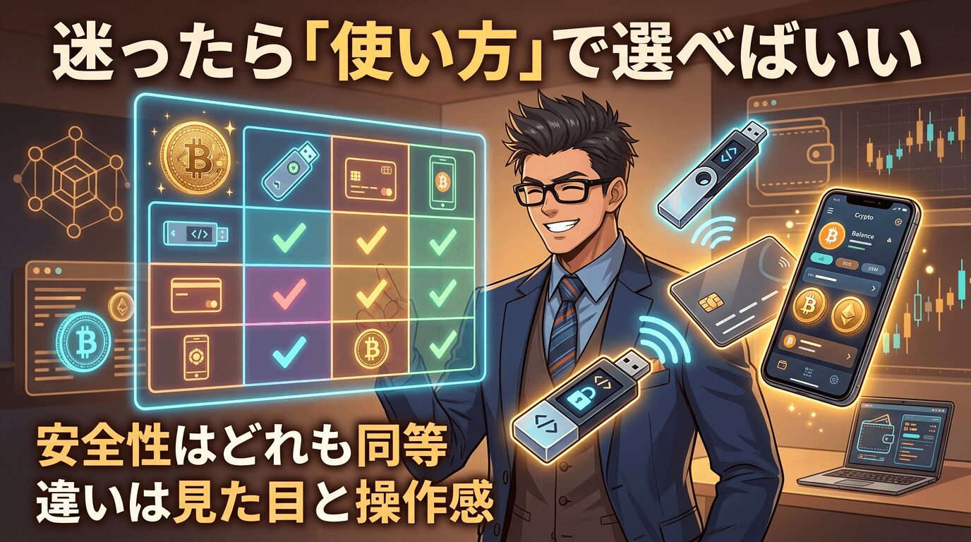 暗号資産ウォレットの選び方を解説するビットコインマークや財布型端末やスマホアプリなど複数の保管方法を比較する図解とスーツ姿の男性