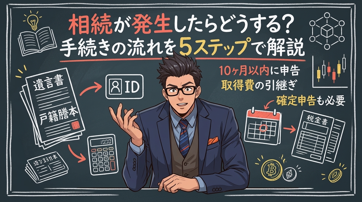 相続が発生したらどうする?手続きの流れを5ステップで解説を解説するイラスト|ビットコイン 相続税