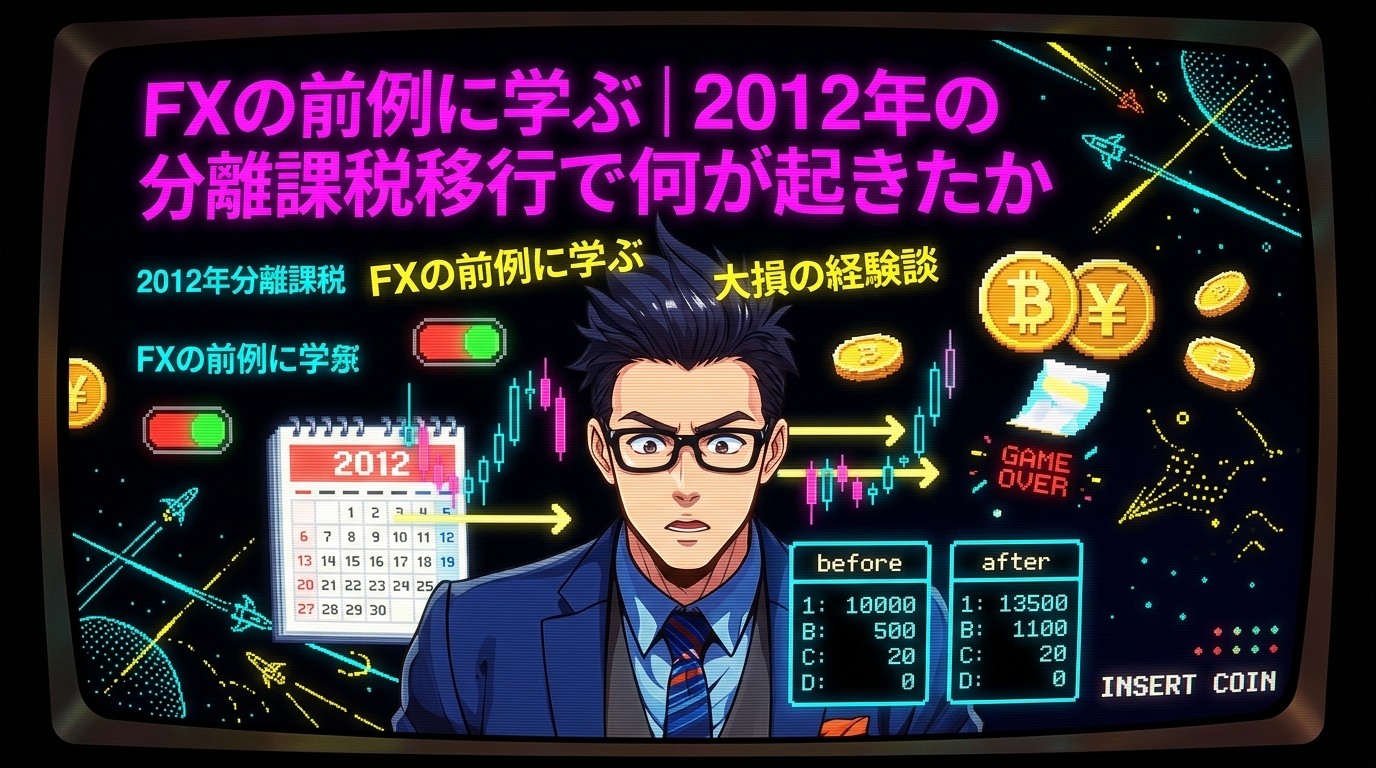 FXの大損が教えてくれた税制の真実について2012年分離課税やFXの前例に学ぶや大損の経験談などの要素を描いたイラスト