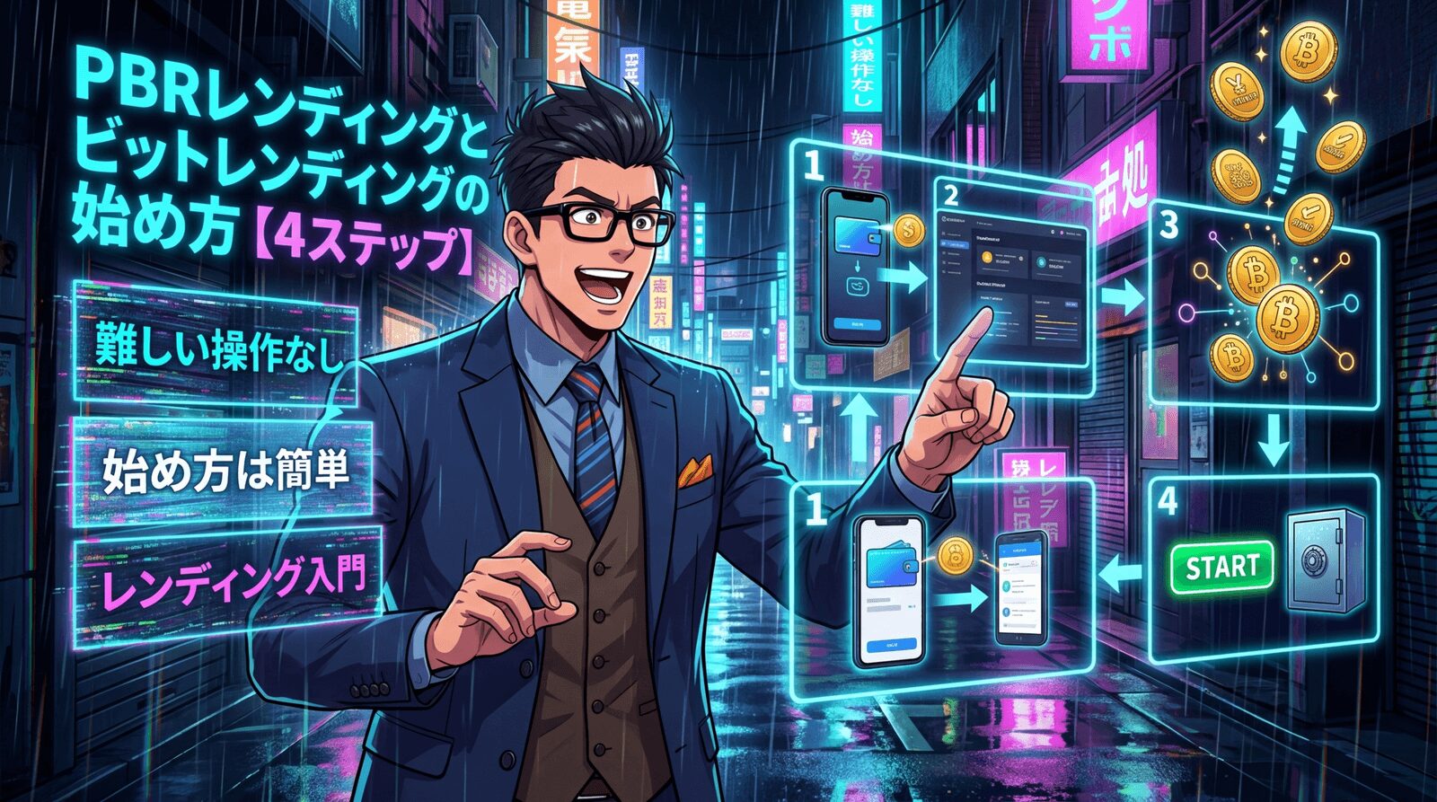 たった4ステップで貸して増やすについて難しい操作なしや始め方は簡単やレンディング入門などの要素を描いたイラスト