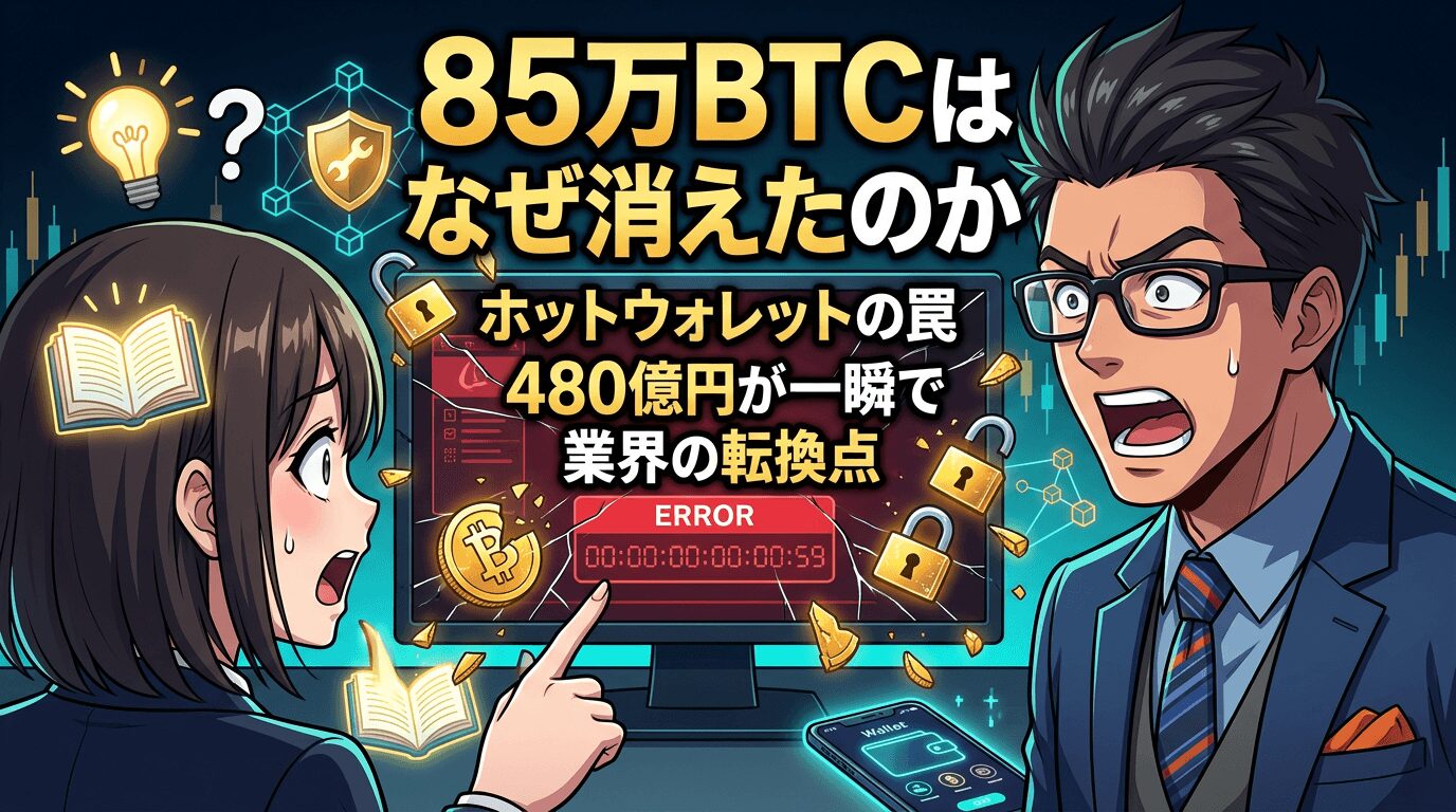 85万BTCはなぜ消えたのかホットウォレットの罠480億円が一瞬で業界の転換点と表示されたエラー画面を見て驚く男女のイラスト