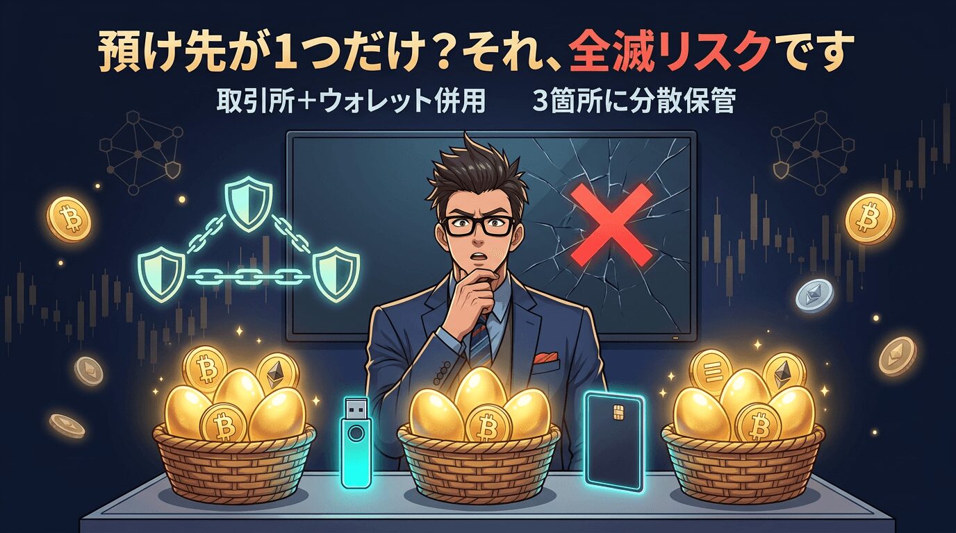 暗号資産を3箇所に分散保管する重要性を説明する画像で眼鏡をかけた男性が3つのかごに入った金の卵とビットコインの前に立ち背景に赤いバツ印のモニターと盾のつながった鎖が描かれている