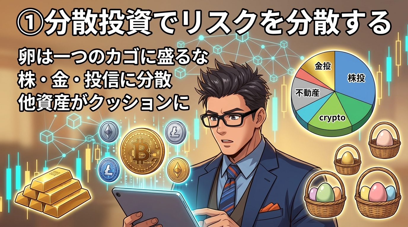 分散投資でリスクを分散する考え方を説明する図で、眼鏡をかけたビジネスマンがタブレットを持ち、株式や金や暗号資産などの投資先を円グラフと卵のかごのたとえで示している