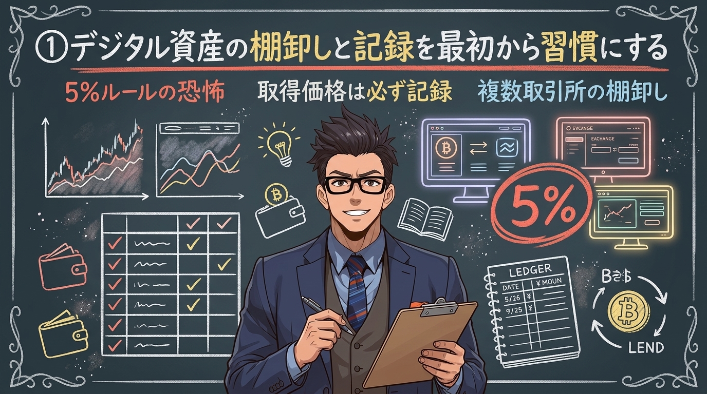 ①デジタル資産の棚卸しと記録を最初から習慣にするを解説するイラスト|ビットコイン 相続税