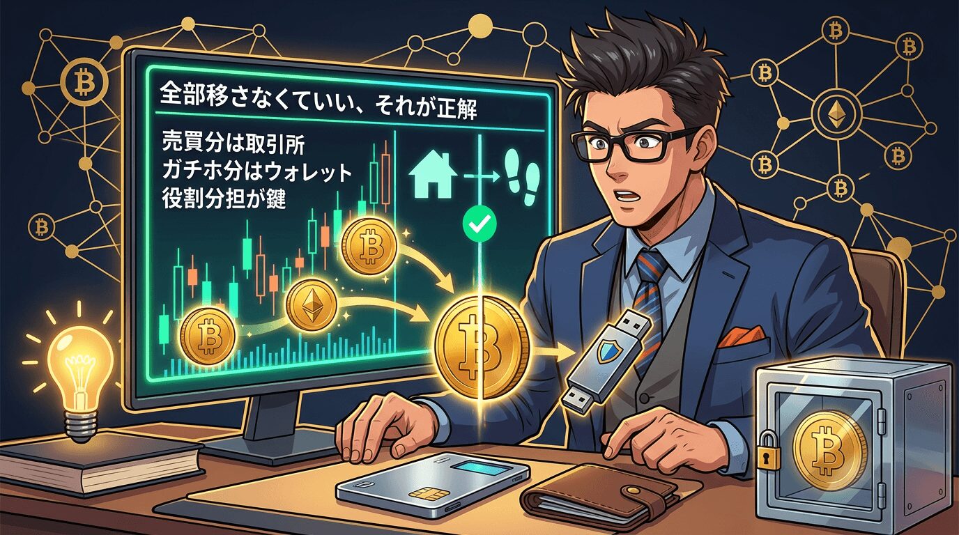 仮想通貨の保管方法を説明するビジネスマンと取引所と電子財布と金庫の役割分担を示した図解画面