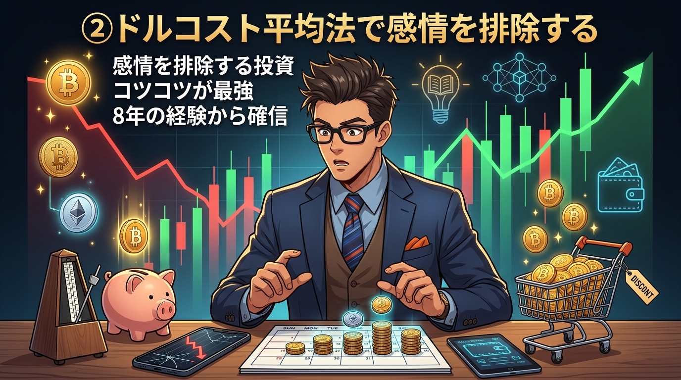 ドルコスト平均法で感情を排除する投資方法を説明する眼鏡をかけたスーツ姿の男性と暗号資産のコインや価格チャートが描かれた解説画像