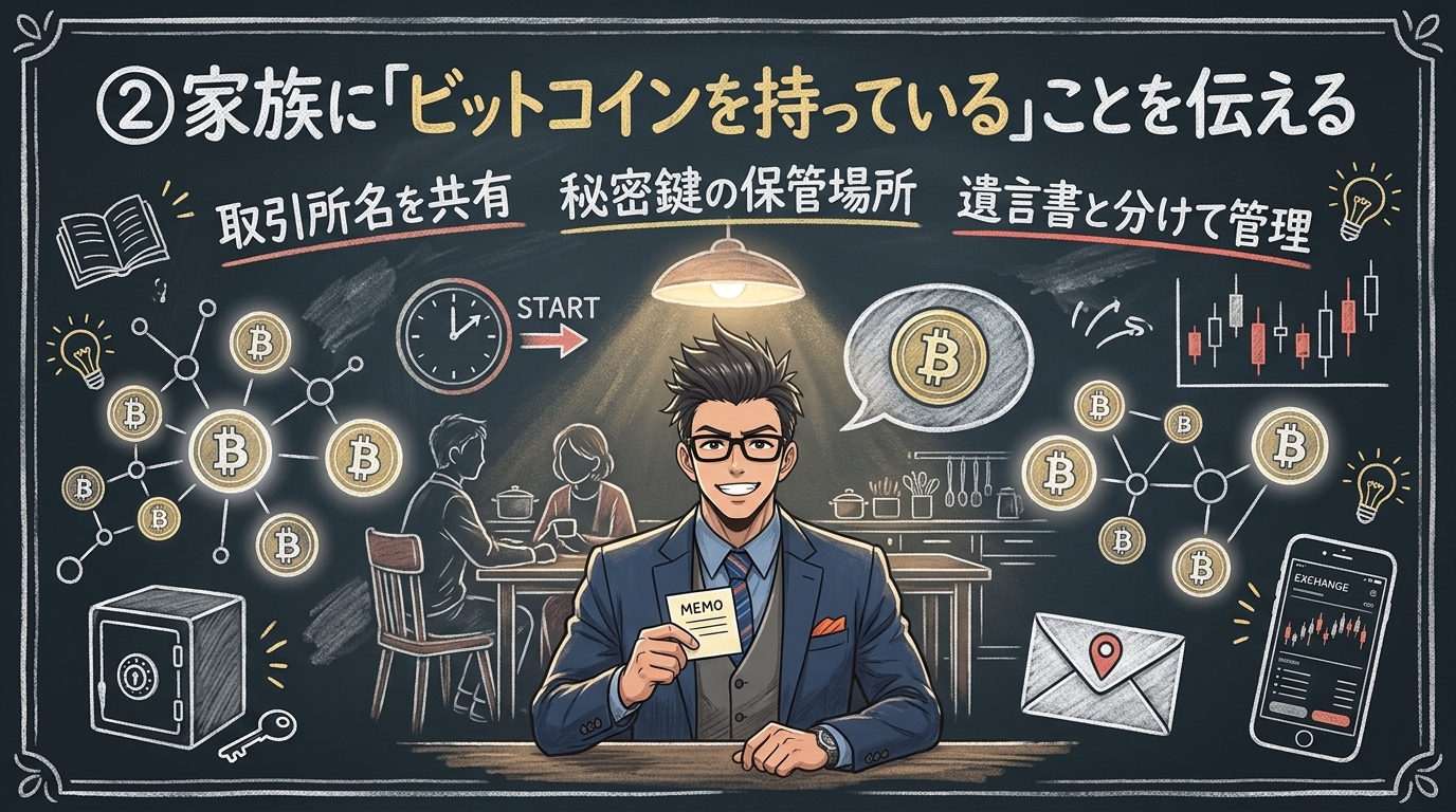 ②家族に「ビットコインを持っている」ことを伝えるを解説するイラスト|ビットコイン 相続税