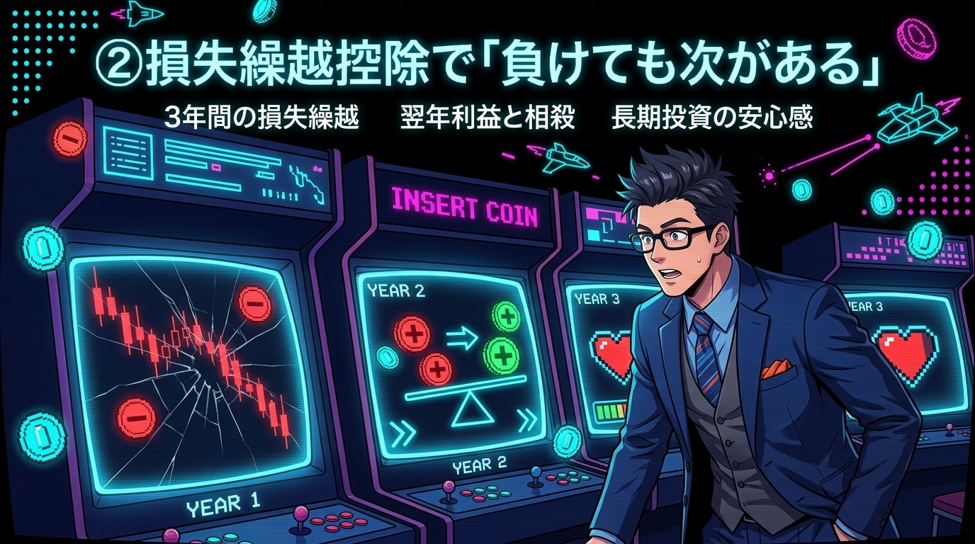 暴落しても3年間は取り返せるについて3年間の損失繰越や翌年利益と相殺や長期投資の安心感などの要素を描いたイラスト