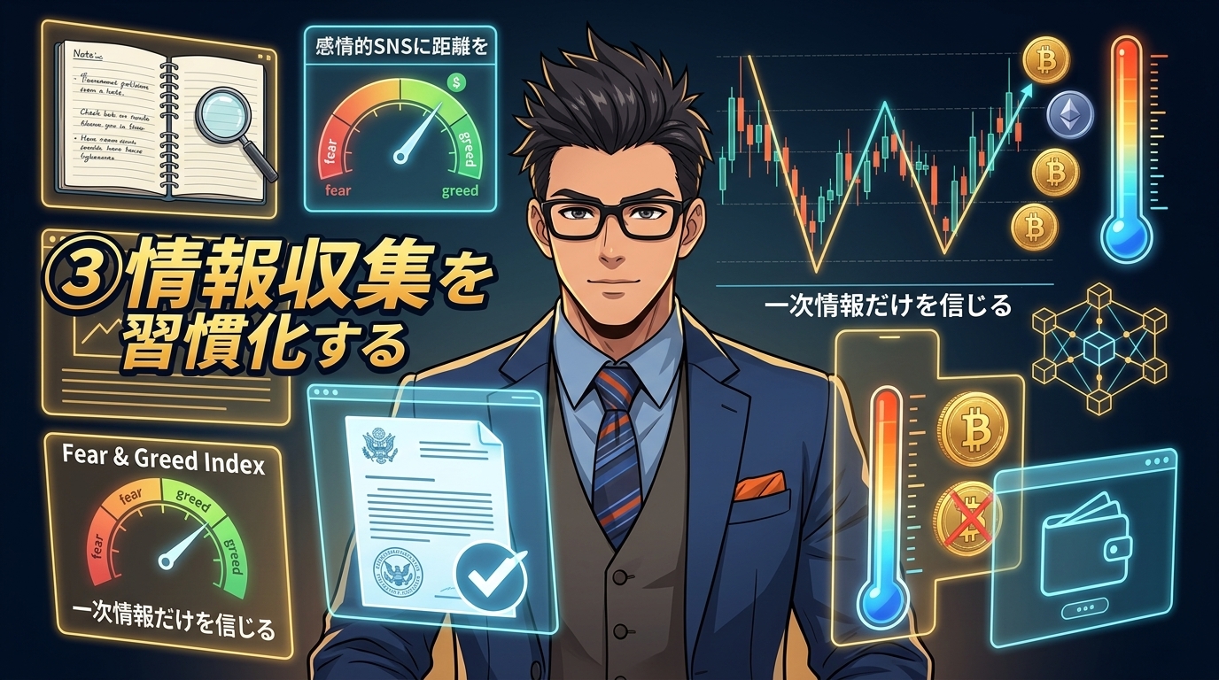 眼鏡をかけたスーツ姿の男性と暗号資産の情報収集を習慣化する方法を示す図解で恐怖と欲の指標やチャート分析が表示されている