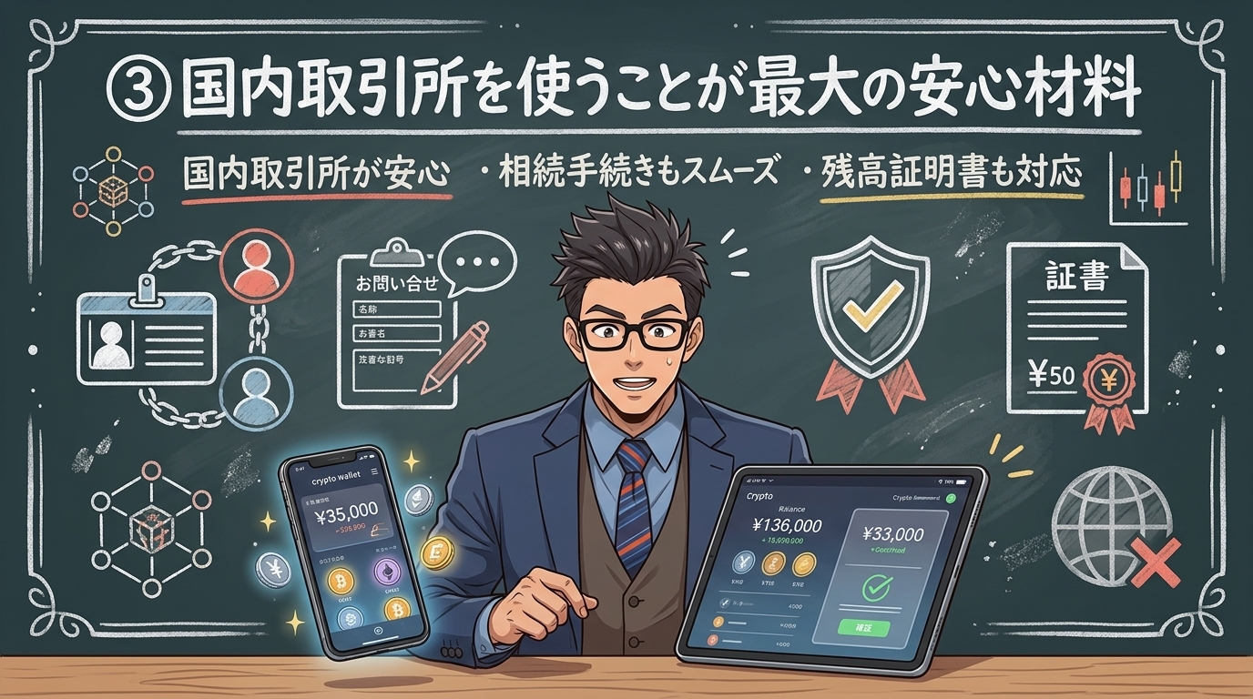 ③国内取引所を使うことが最大の安心材料を解説するイラスト|ビットコイン 相続税