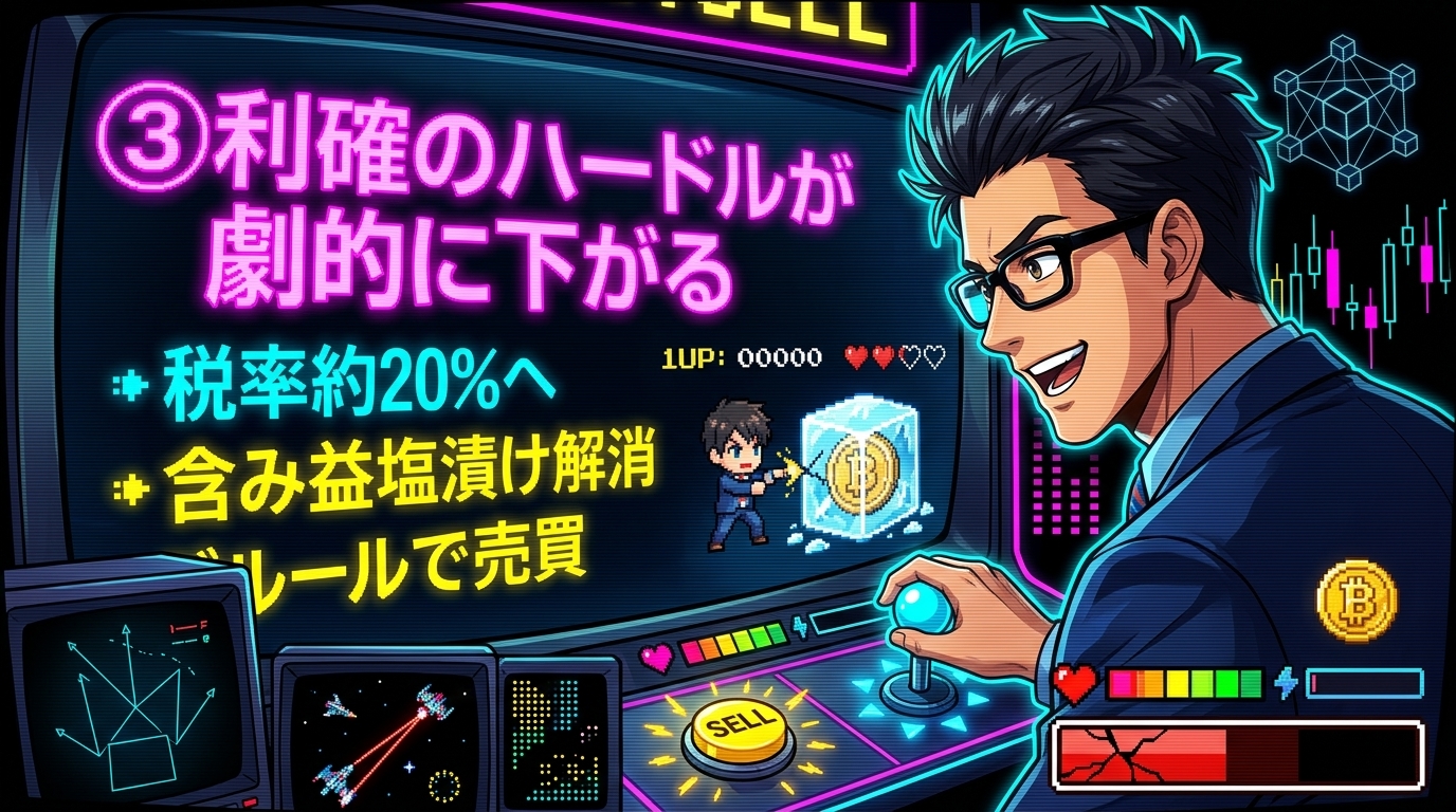 利確が怖くなくなる日が来るについて税率約20%へや含み益塩漬け解消やルールで売買などの要素を描いたイラスト