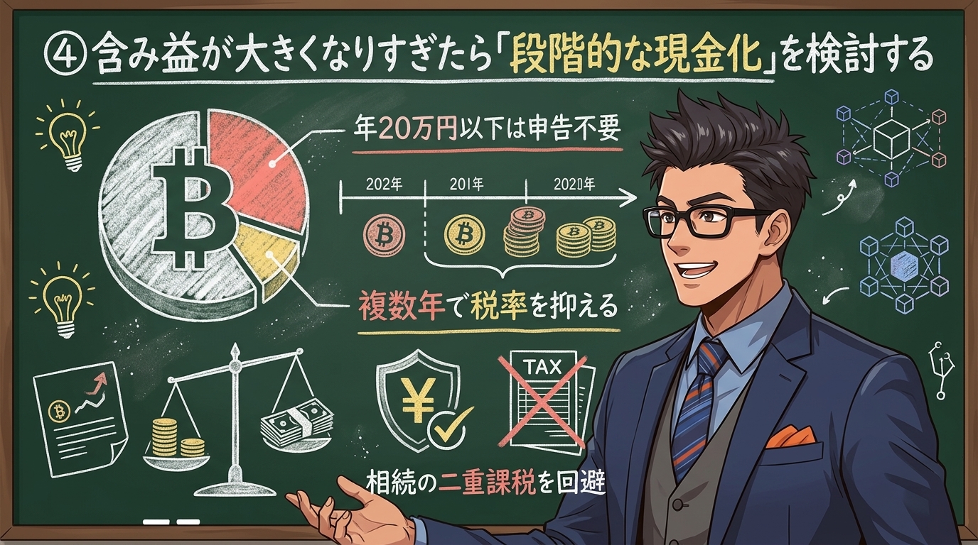 ④含み益が大きくなりすぎたら「段階的な現金化」を検討するを解説するイラスト|ビットコイン 相続税