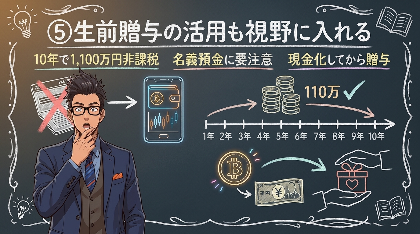 ⑤生前贈与の活用も視野に入れるを解説するイラスト|ビットコイン 相続税