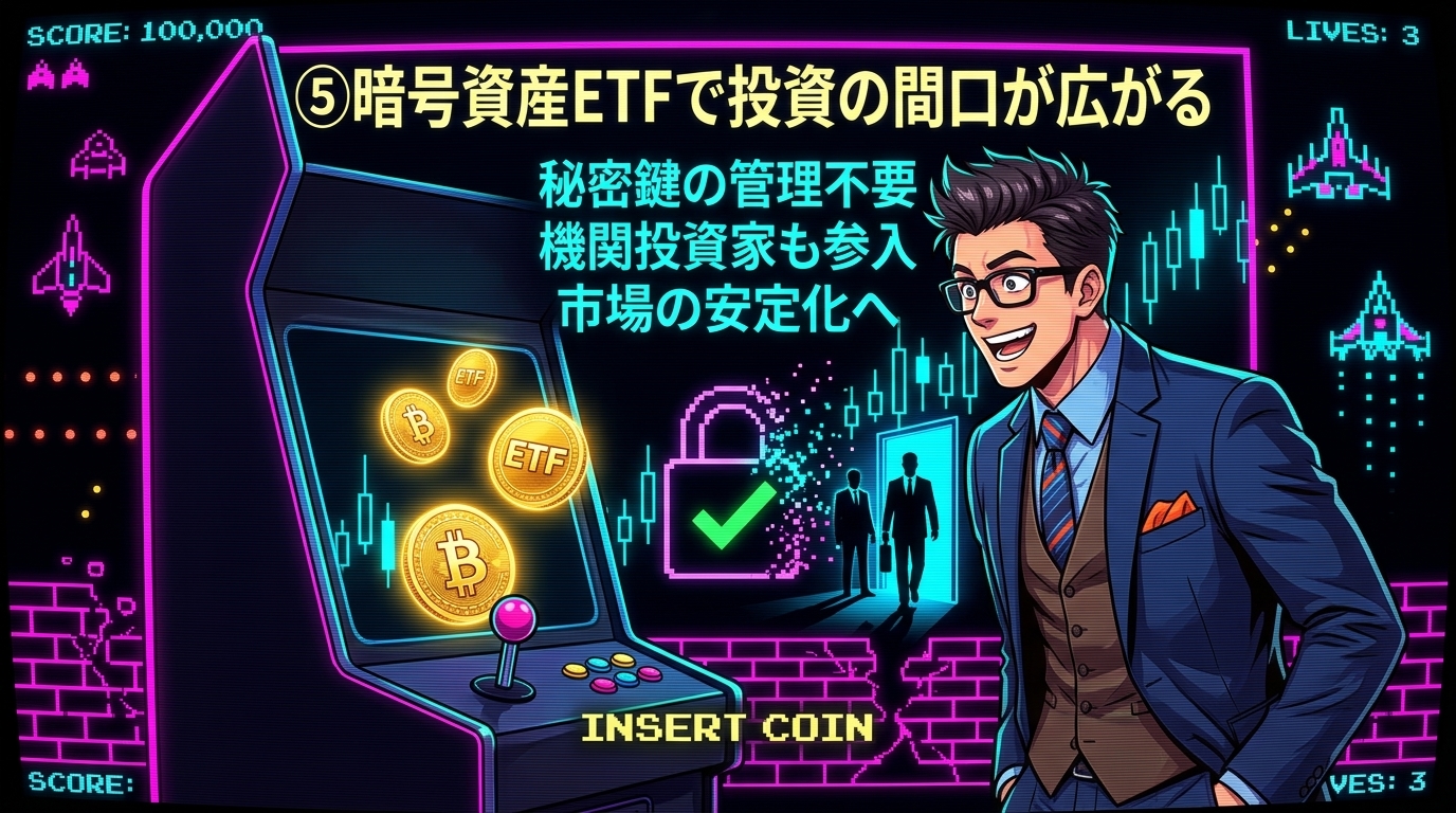 証券口座だけでビットコインが買える時代について秘密鍵の管理不要や機関投資家も参入や市場の安定化へなどの要素を描いたイラスト