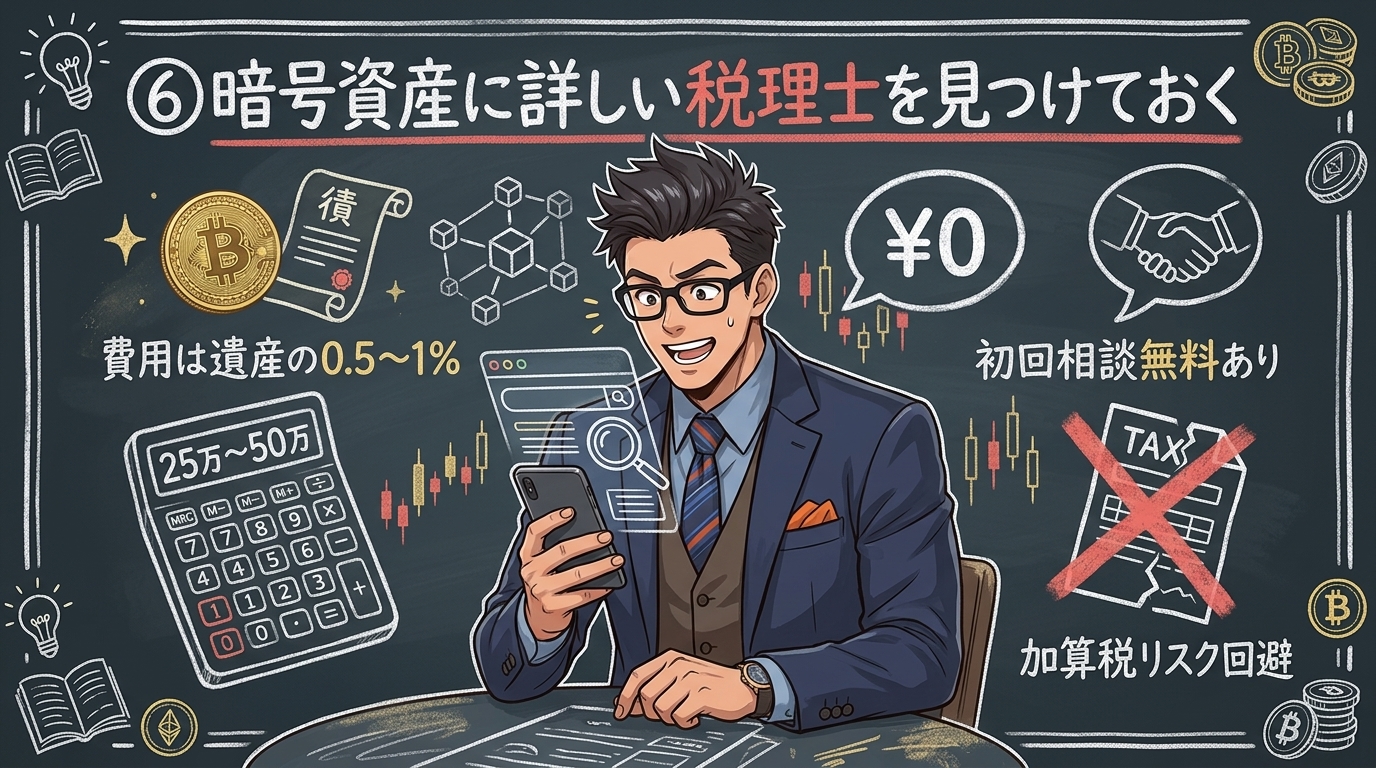 ⑥暗号資産に詳しい税理士を見つけておくを解説するイラスト|ビットコイン 相続税