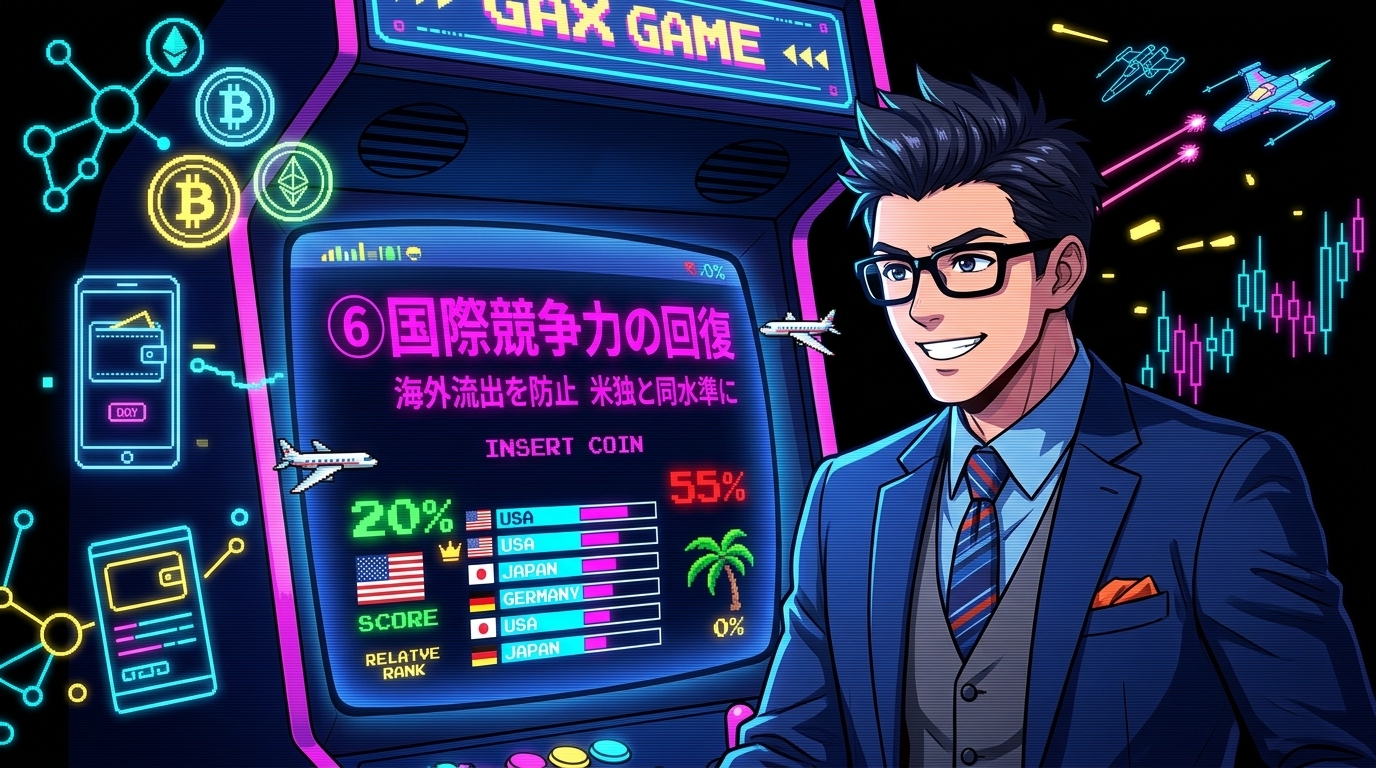 税率55%→20%で世界と戦えるについて海外流出を防止や米独と同水準になどの要素を描いたイラスト