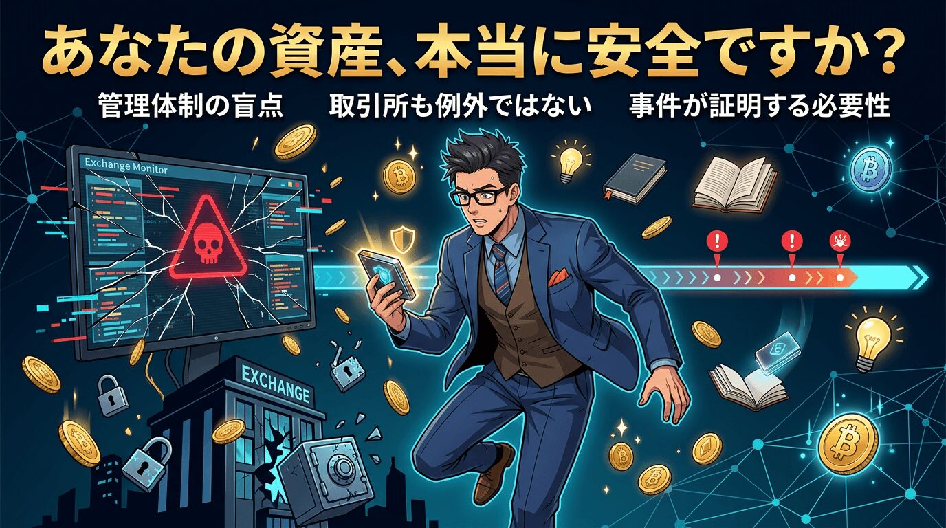 暗号資産の安全性について警告する画像で、スーツ姿の男性がスマートフォンを持ち、周囲に仮想通貨のコイン、危険を示す赤い警告マーク、取引所の画面、南京錠などが配置されている