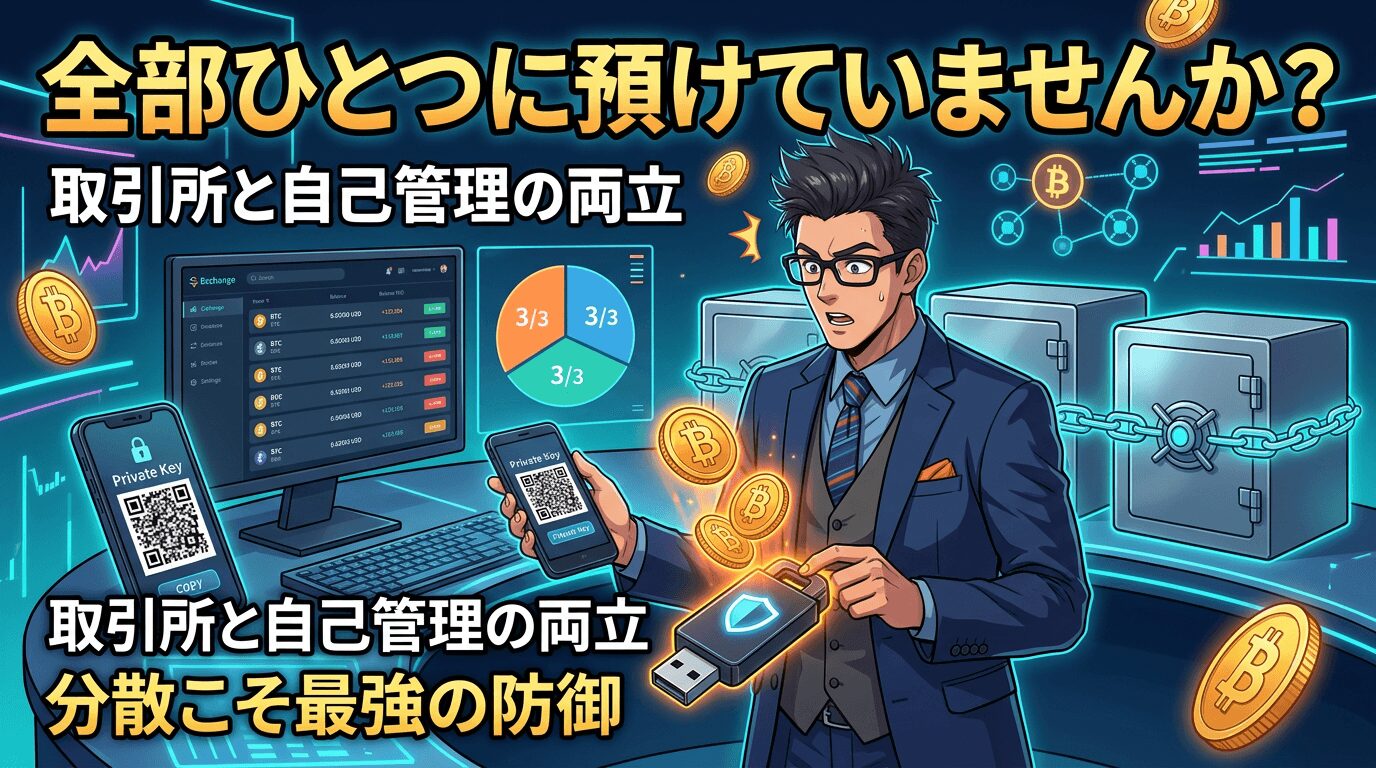 仮想通貨の取引所と自己管理による分散保管を説明する画像で、眼鏡をかけたビジネスマンがハードウェア財布を持ちながらビットコインを管理している様子とパソコン画面の取引所の取引一覧や円グラフが表示されている