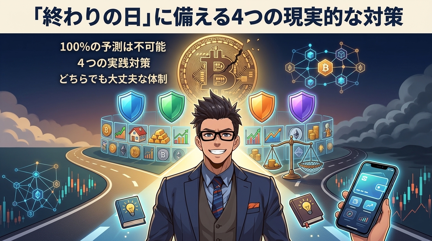 終わりの日に備える4つの現実的な対策を説明する暗号資産投資のイメージ画像で、眼鏡をかけたスーツ姿の男性の背景にビットコインや盾のマーク、グラフ、スマートフォンが描かれている
