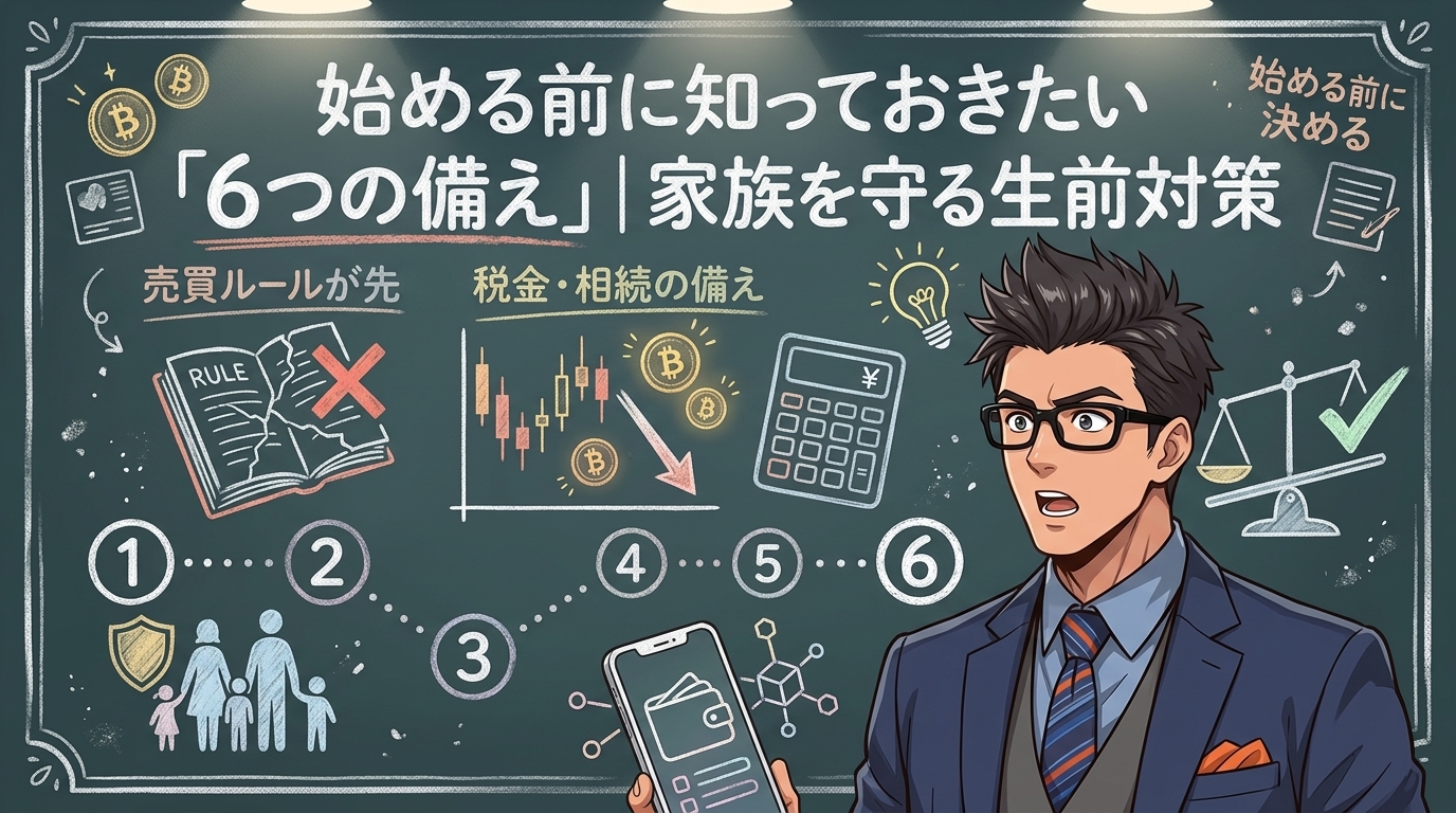始める前に知っておきたい「6つの備え」|家族を守る生前対策を解説するイラスト|ビットコイン 相続税