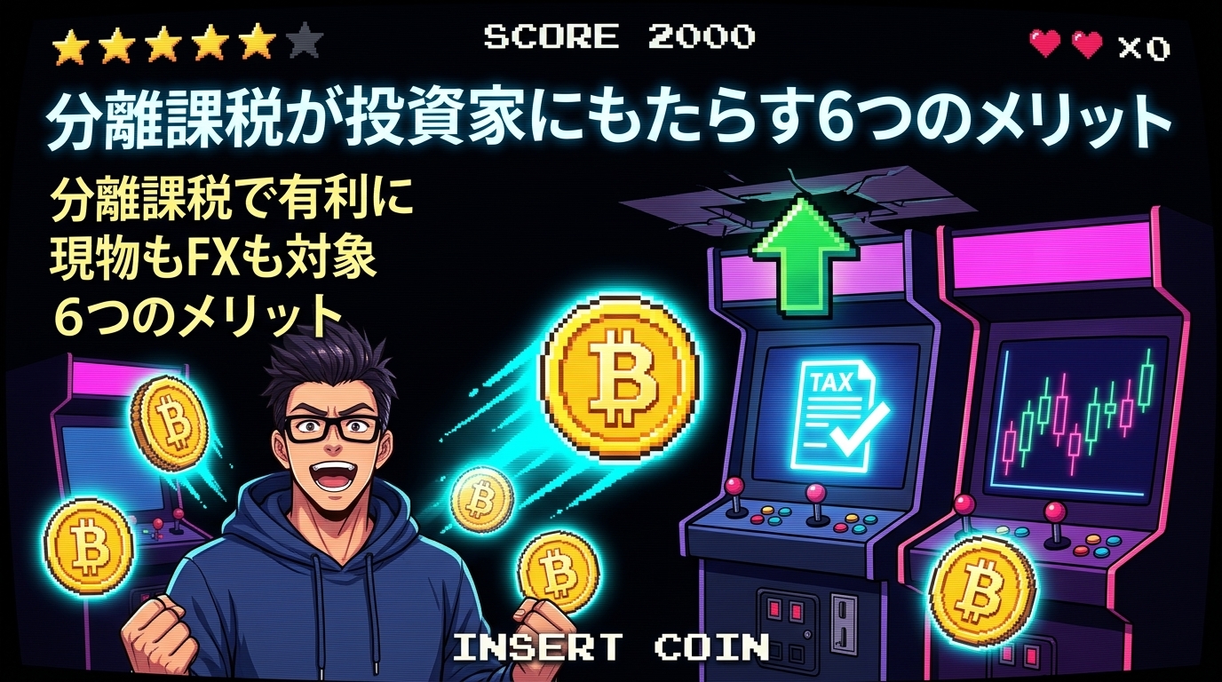 税制改正で投資家が笑う時代へについて分離課税で有利にや現物もFXも対象や6つのメリットなどの要素を描いたイラスト