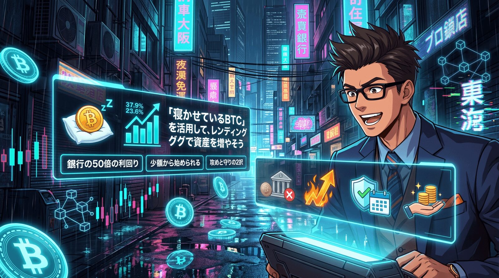 眠らせたBTC、年利10%で働かせろについて銀行の50倍の利回りや少額から始められるや攻めと守りの2択などの要素を描いたイラスト