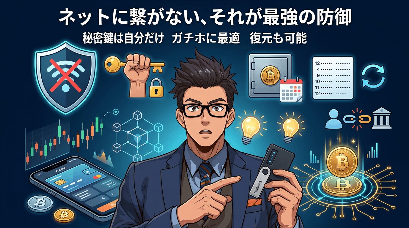 ネット接続不要のハードウェア型暗号資産財布を持つ眼鏡の男性と秘密鍵管理や復元機能を示す図解