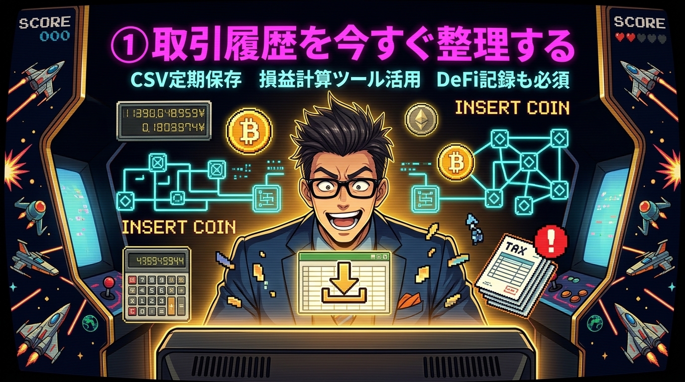 履歴が消える前に動け!についてCSV定期保存や損益計算ツール活用やDeFi記録も必須などの要素を描いたイラスト