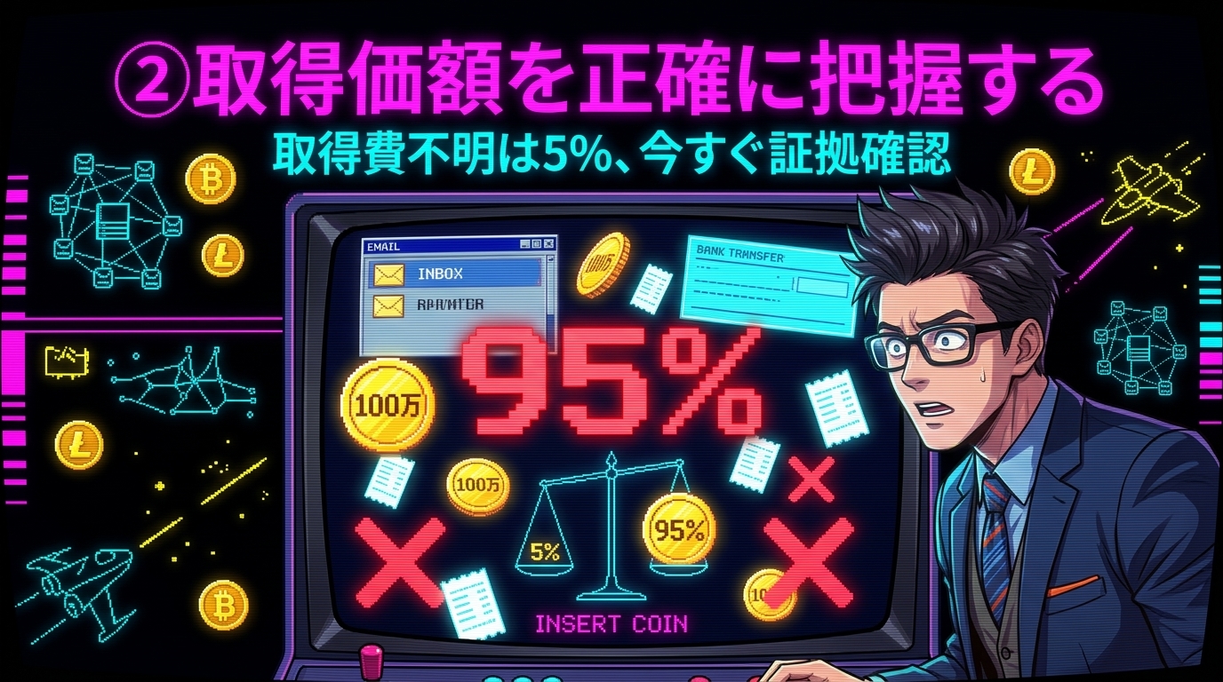 記録がないと利益95%扱い!?について取得費不明は5%や今すぐ証拠確認などの要素を描いたイラスト