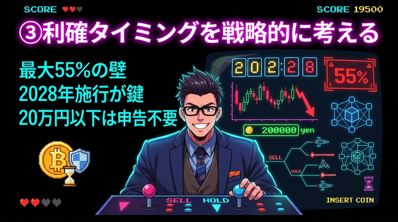 待つか売るか?税率で利益が半分変わるについて最大55%の壁や2028年施行が鍵や20万円以下は申告不要などの要素を描いたイラスト