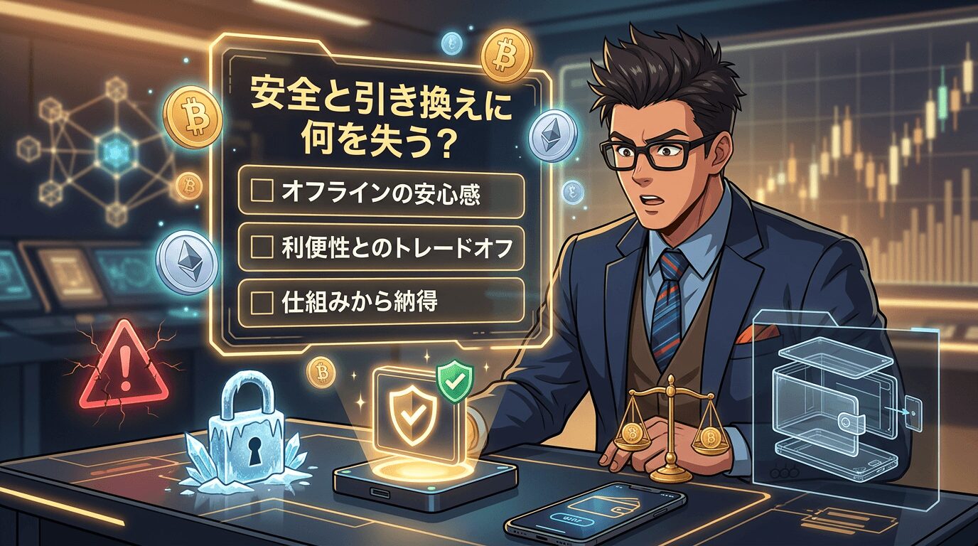暗号資産の安全性と引き換えの選択肢を天秤で比較するビジネスマンと仮想通貨のアイコンが表示されたデジタル画面