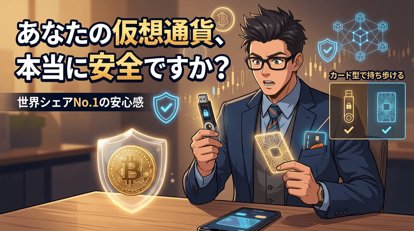 仮想通貨の保管方法の安全性を説明する眼鏡をかけたスーツ姿の男性とビットコインとカード型ウォレットの比較図