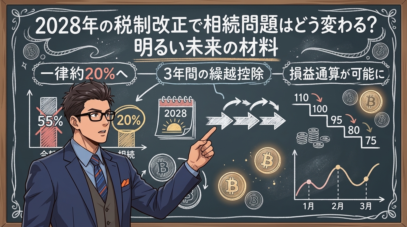 2028年の税制改正で相続問題はどう変わる?明るい未来の材料を解説するイラスト|ビットコイン 相続税