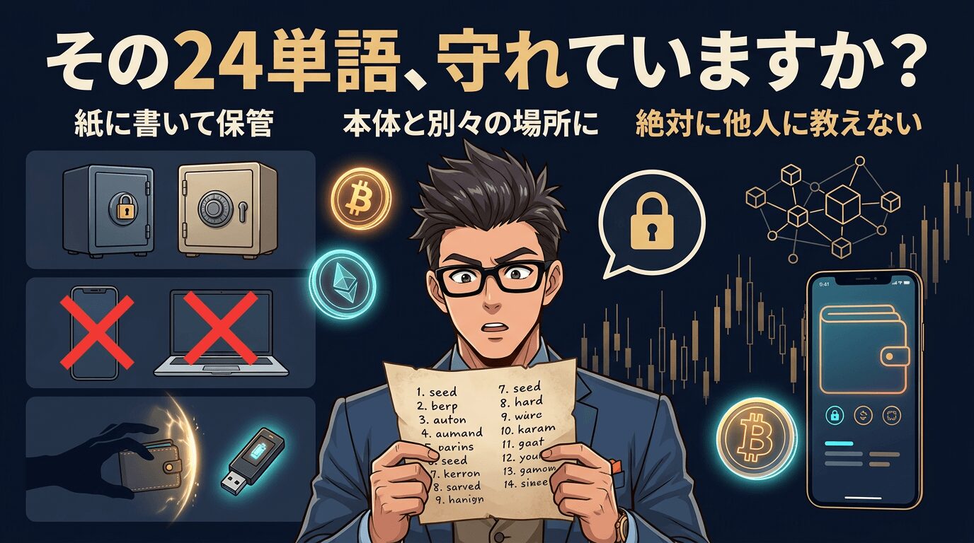 暗号資産の24単語の復元用の言葉を紙に書いて保管する方法を説明する画像で、眼鏡をかけた男性が復元用の言葉が書かれた紙を持ち、左側に金庫や電子機器に保管しない方法、右側に鍵のマークと携帯電話の財布アプリが表示されている