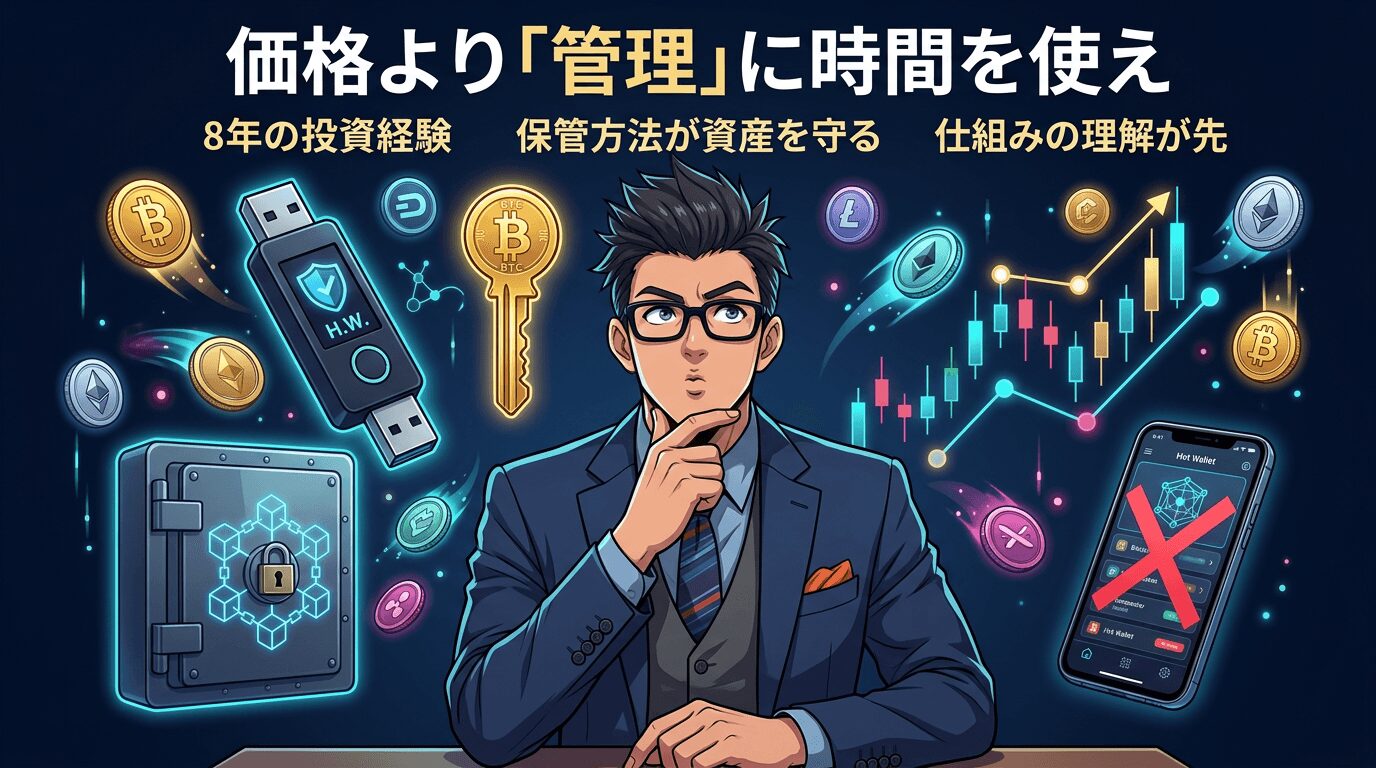 暗号資産の管理方法を考える眼鏡をかけたスーツ姿の男性と周囲に浮かぶビットコインや保管用の機器と価格チャートのイラスト