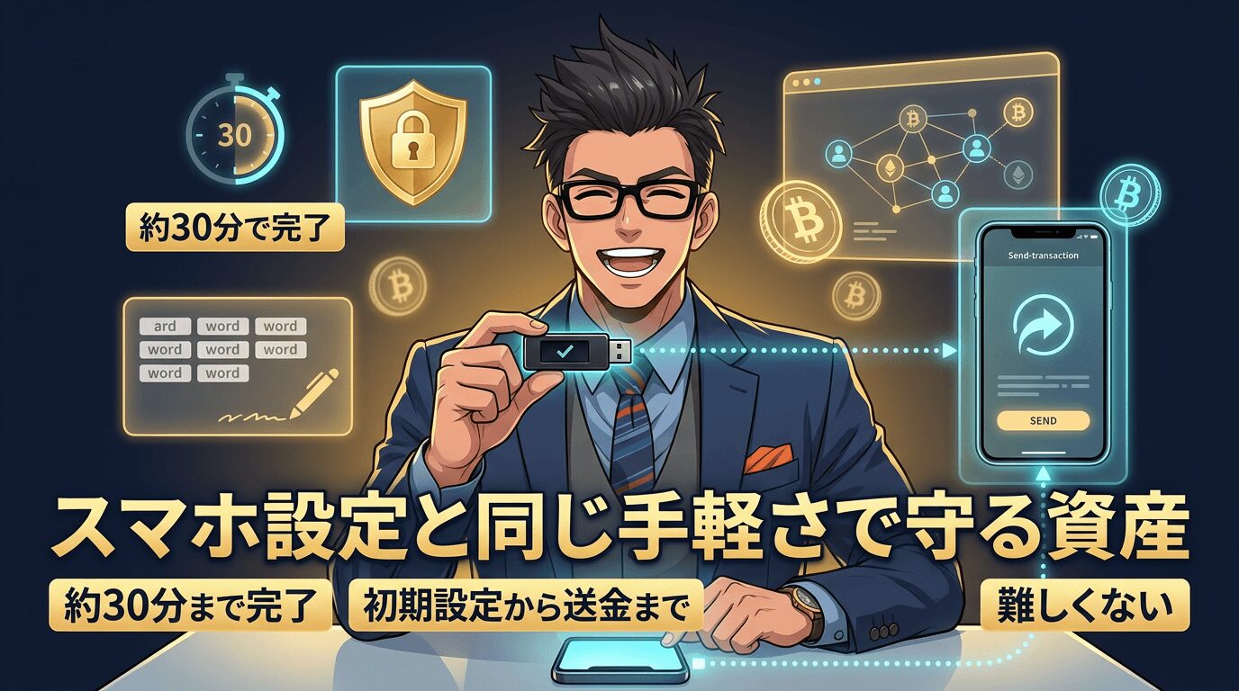 約30分で完了するスマホと同じ手軽さの仮想通貨資産運用サービスを紹介する眼鏡をかけた笑顔のビジネスマンとデジタル機器の説明画像
