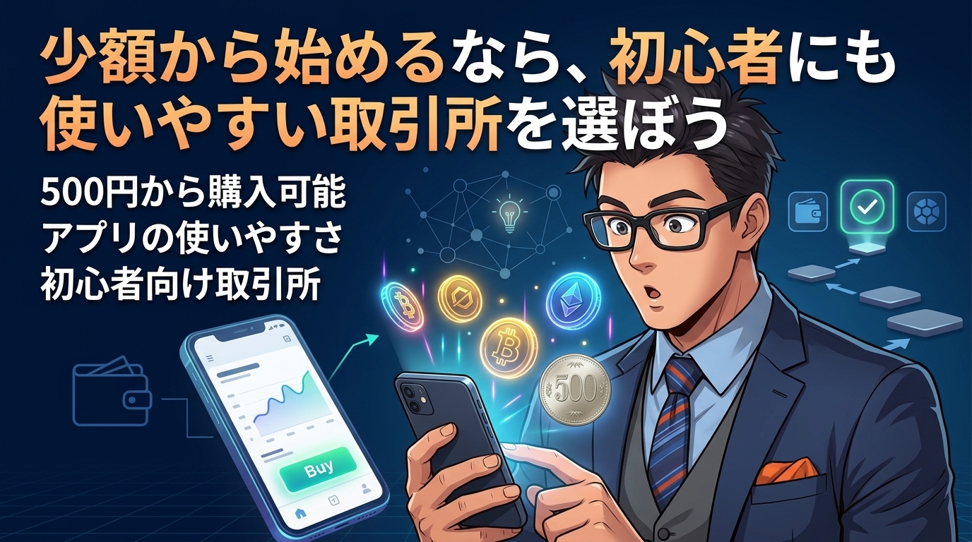 500円から購入可能で初心者にも使いやすい仮想通貨取引所の案内画像とスマートフォンを持つ眼鏡をかけたビジネスマン